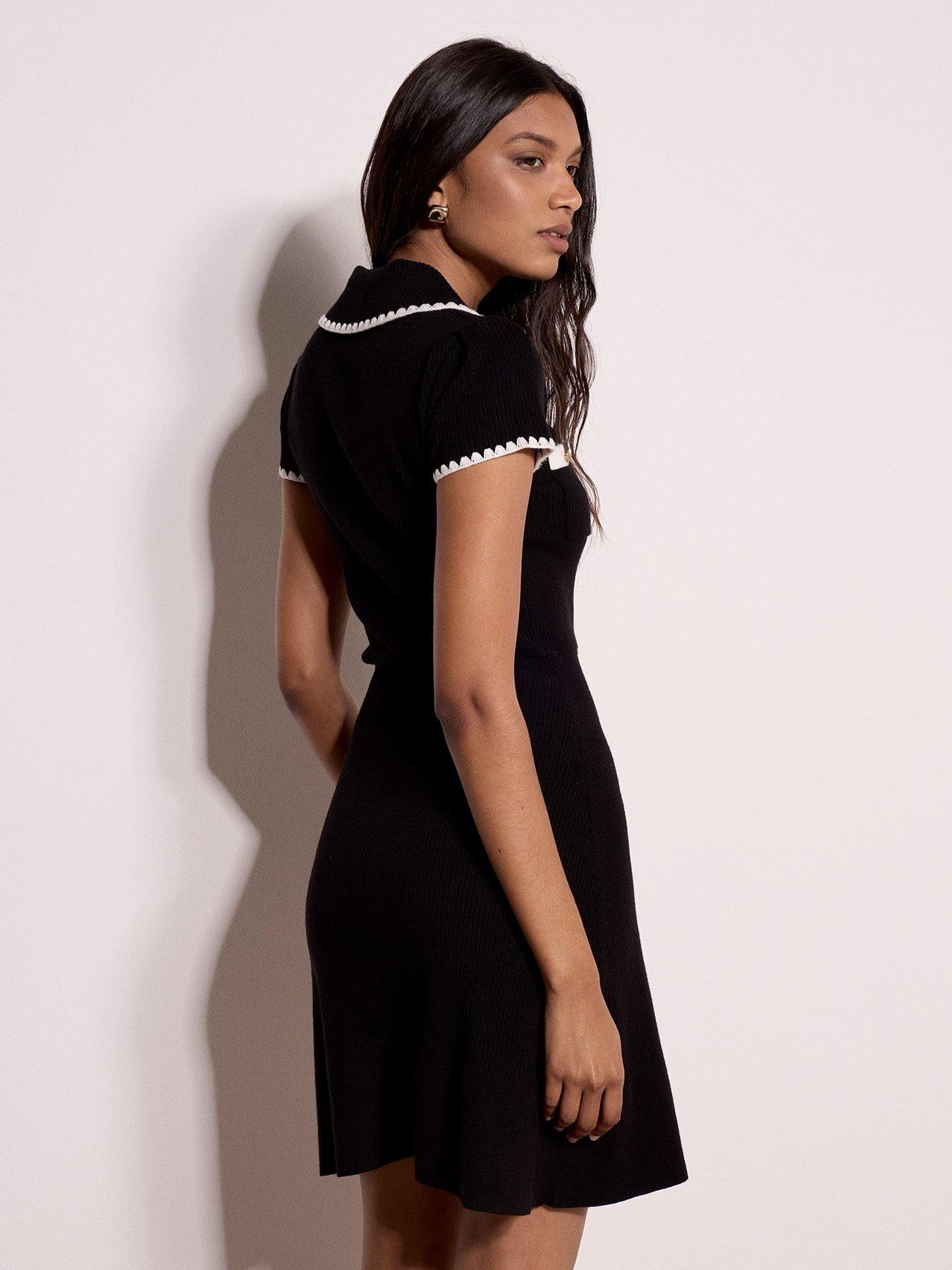 Image 2 of 2 of Apricot Womens Ribbed Knit Gold Button Mini Dress - Black