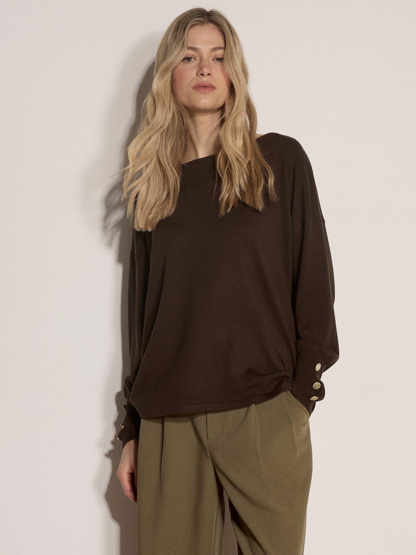 Image 1 of 4 of Apricot Apricot Fine Knit Slash Neck Gold Button Jumper
