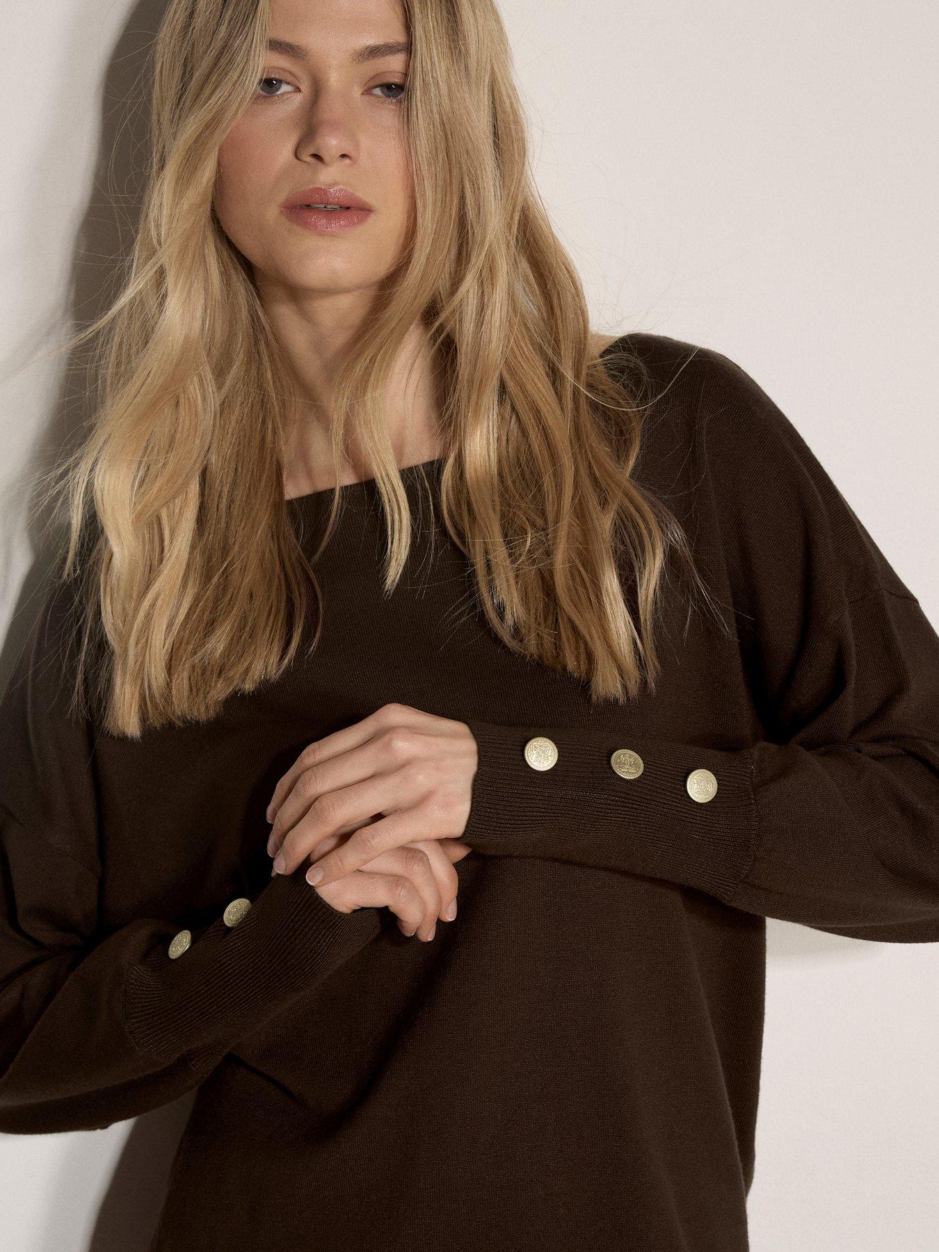 Image 4 of 4 of Apricot Apricot Fine Knit Slash Neck Gold Button Jumper
