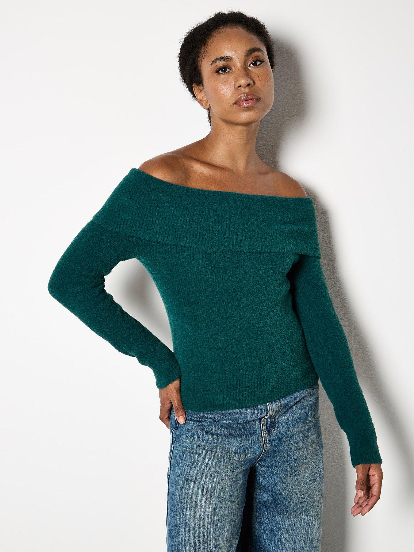 Apricot Apricot Fuzzy Ribbed Bardot Jumper