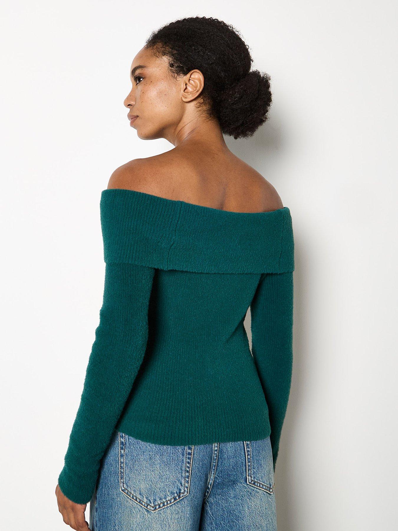 Image 2 of 4 of Apricot Fuzzy Ribbed Bardot Jumper - Green