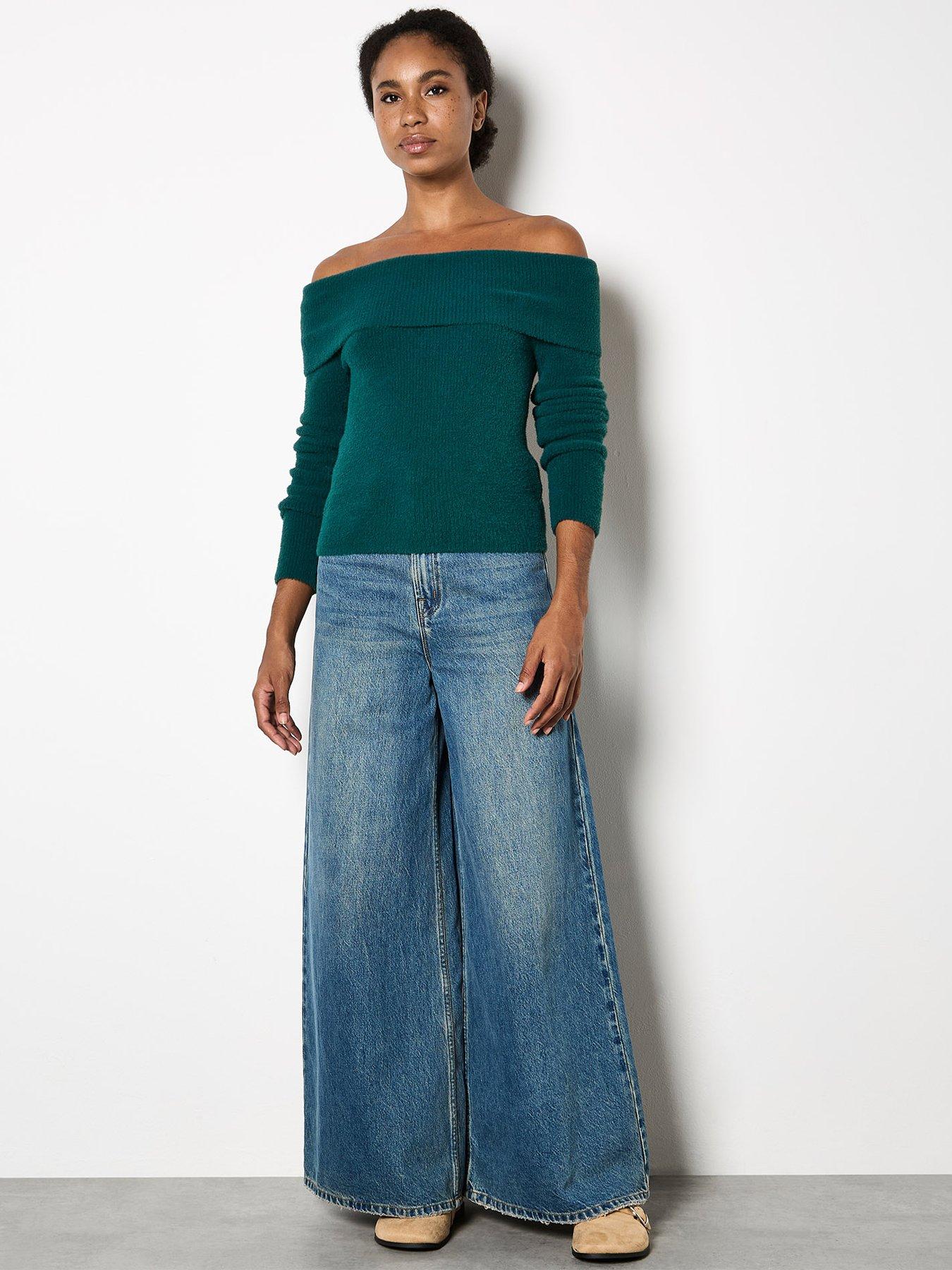 Image 3 of 4 of Apricot Fuzzy Ribbed Bardot Jumper - Green