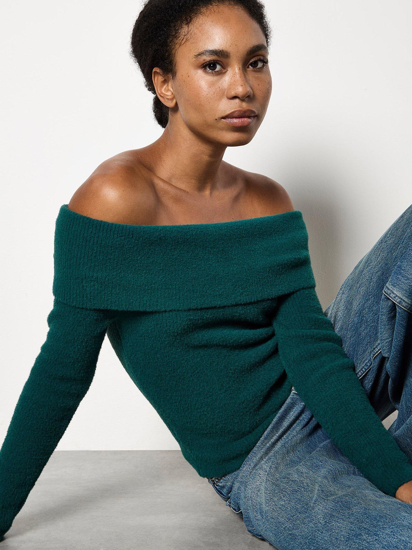 Image 4 of 4 of Apricot Fuzzy Ribbed Bardot Jumper - Green