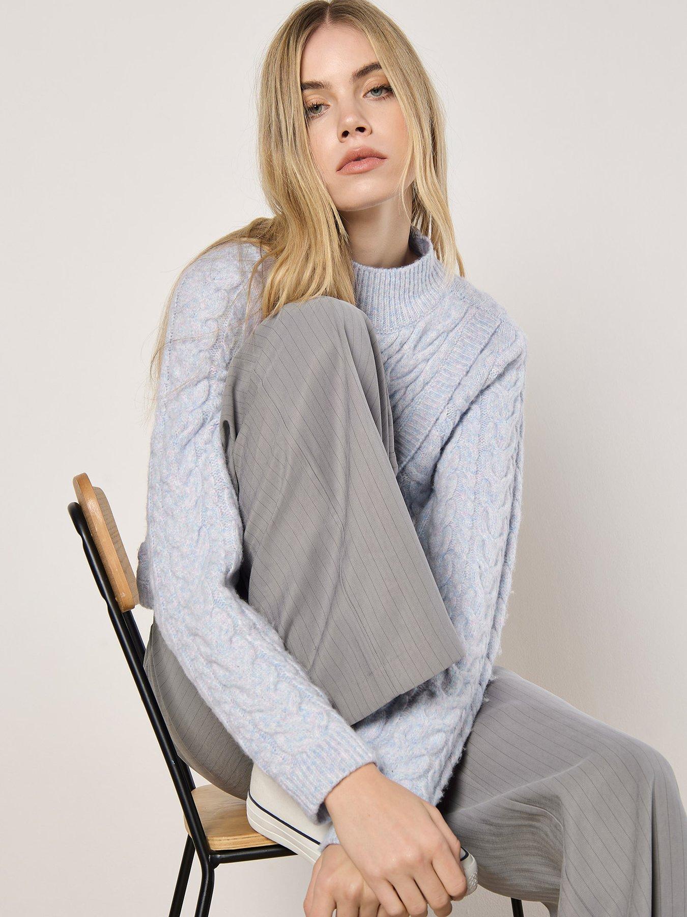 Image 3 of 5 of Apricot Womens Cable Knit Wrap-Over Mock Neck Jumper - Blue