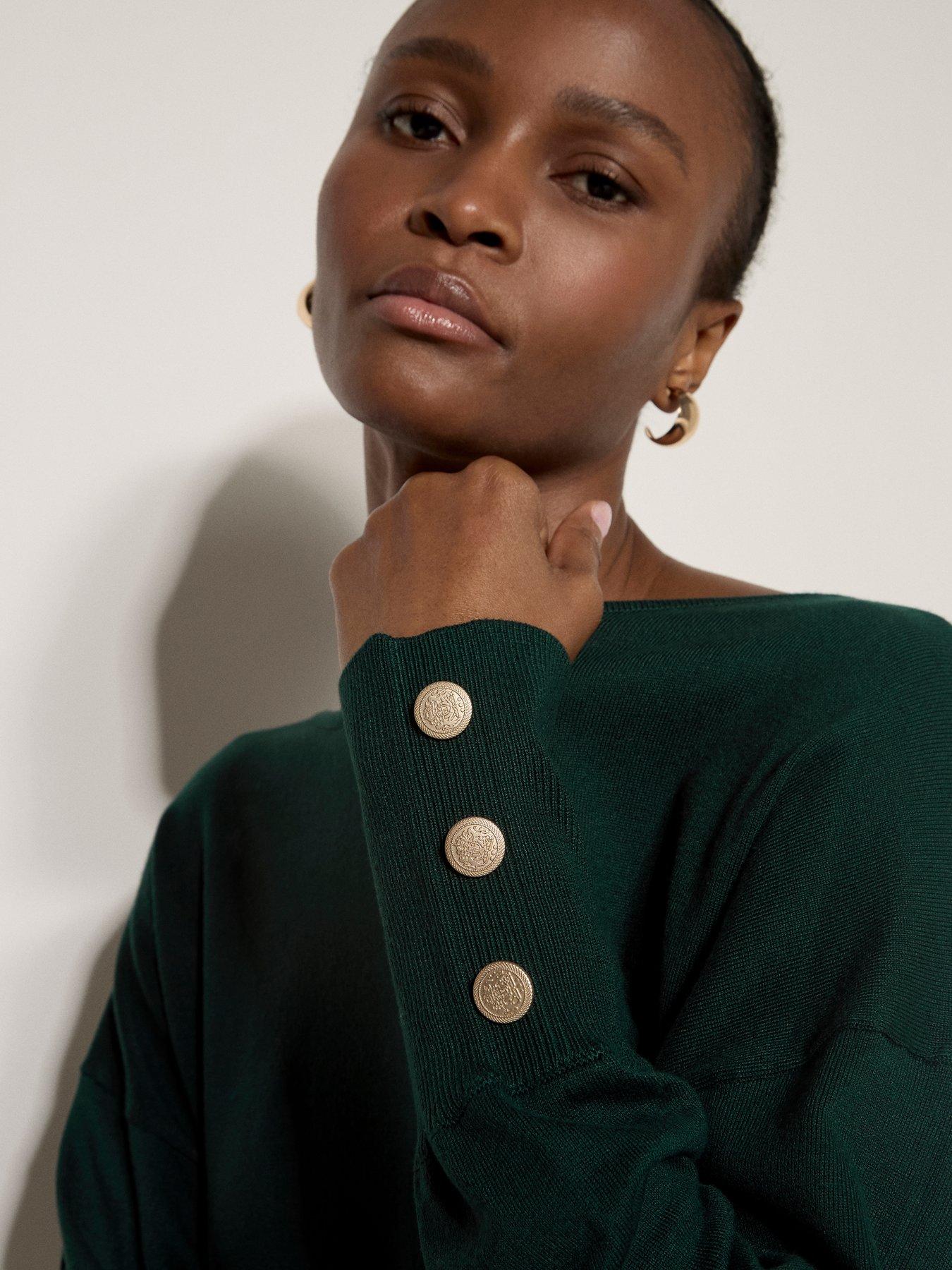 Image 4 of 4 of Apricot Womens Slash Neck Gold Button Cuff Jumper - Green