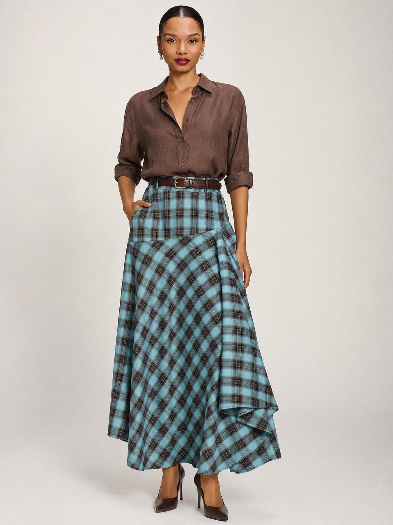 Jolie Moi Asymmetric Check Maxi Skirt - Blue