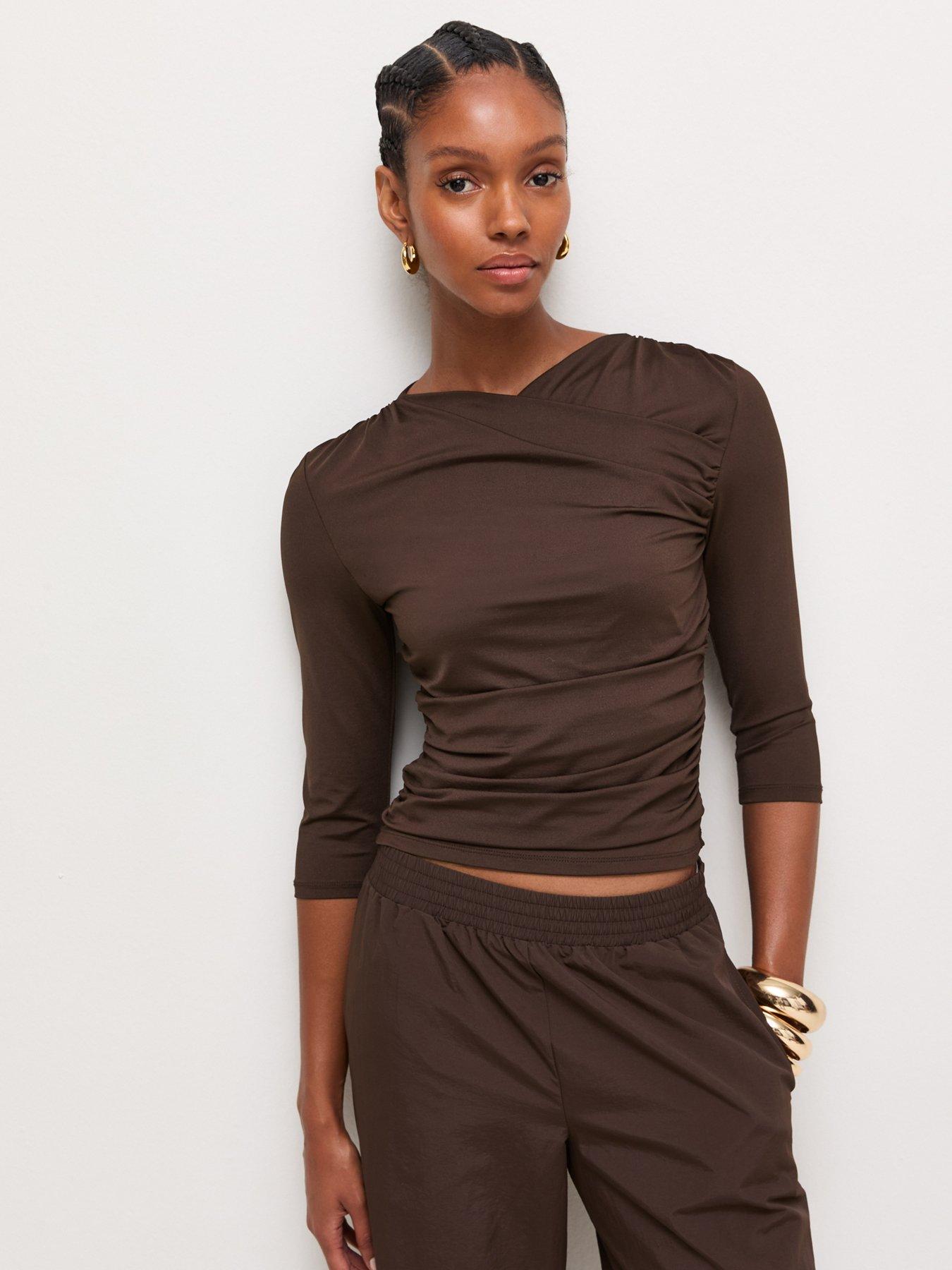 Image 1 of 6 of New Look Womens Wrap Neck Ruched Jersey Blouse - Brown