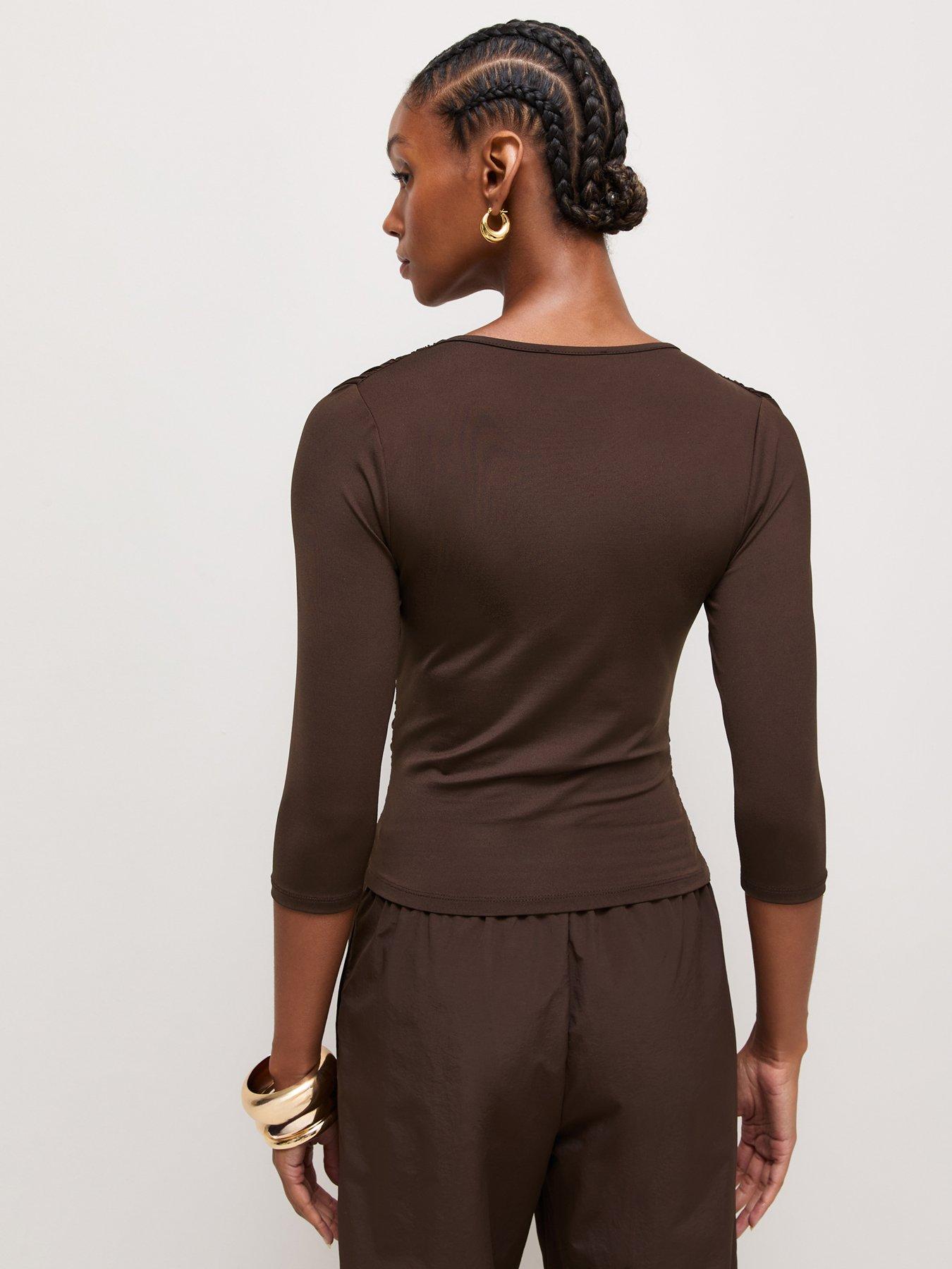 Image 2 of 6 of New Look Womens Wrap Neck Ruched Jersey Blouse - Brown