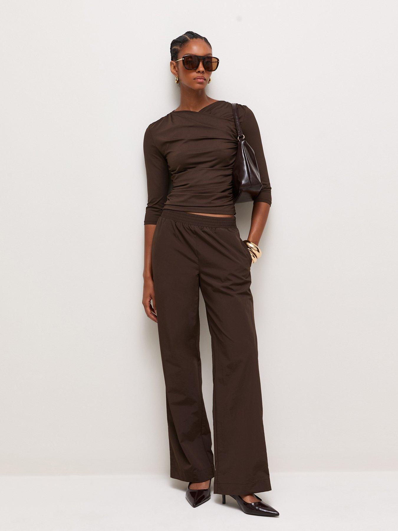 Image 3 of 6 of New Look Womens Wrap Neck Ruched Jersey Blouse - Brown