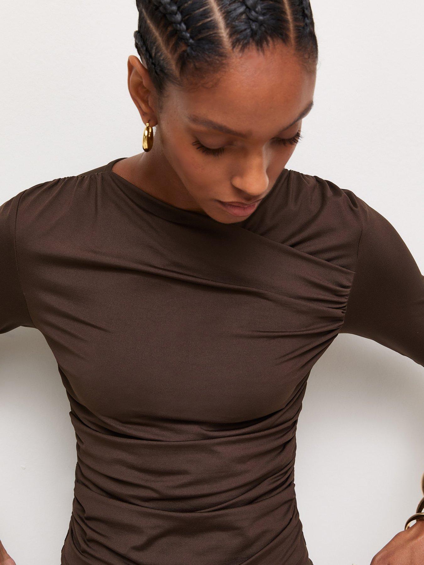 Image 4 of 6 of New Look Womens Wrap Neck Ruched Jersey Blouse - Brown