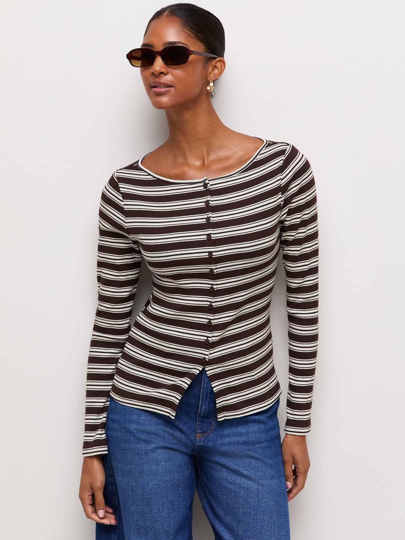 New Look Striped Ribbed Long Sleeve Button Front Top - Brown