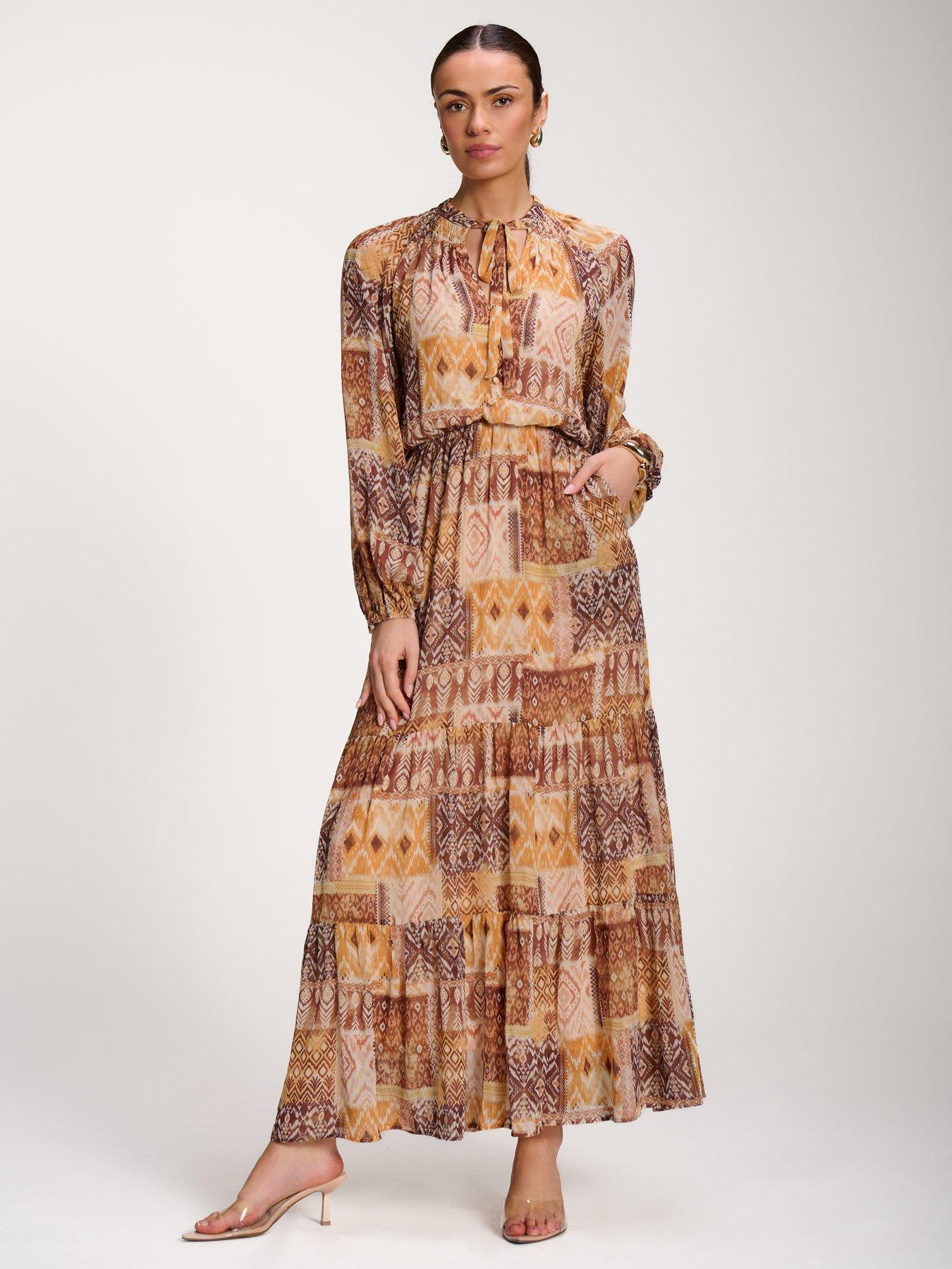 Jolie Moi Long Sleeve Chiffon Tiered Maxi Dress