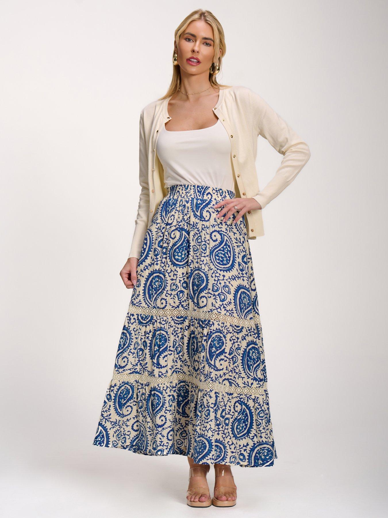 Jolie Moi Lace Trim Tiered Maxi Skirt - Blue