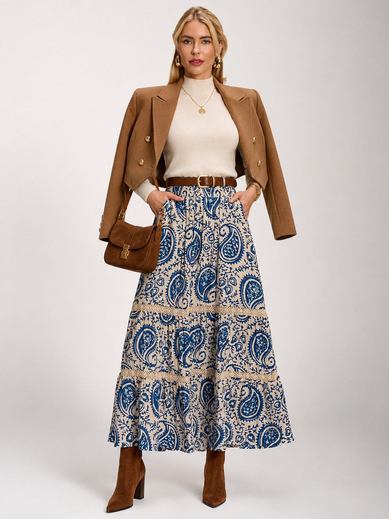 Image 1 of 7 of Jolie Moi Lace Trim Tiered Maxi Skirt - Blue