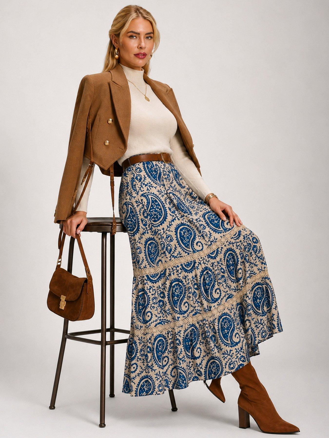 Image 3 of 7 of Jolie Moi Lace Trim Tiered Maxi Skirt - Blue