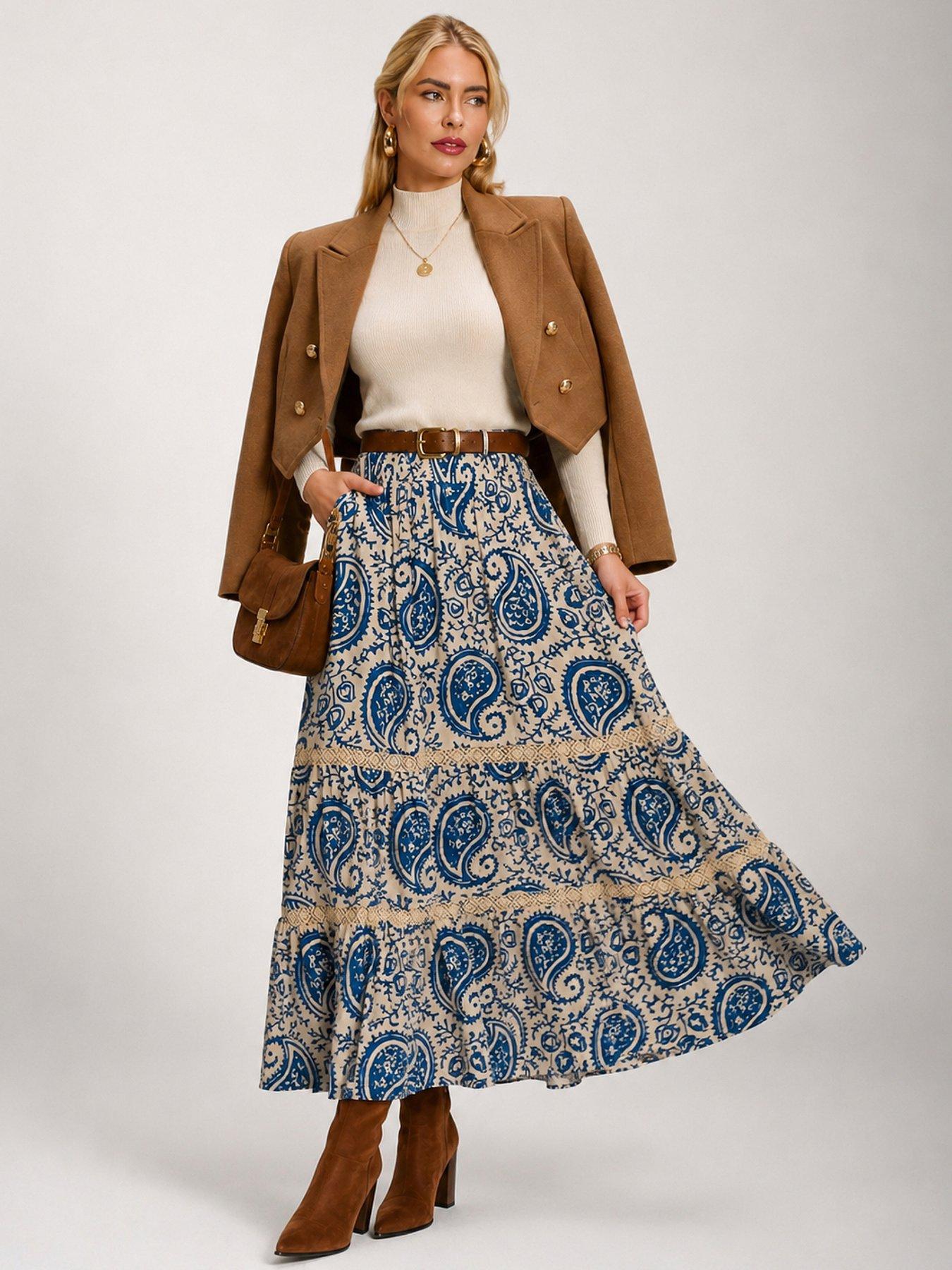 Image 5 of 7 of Jolie Moi Lace Trim Tiered Maxi Skirt - Blue