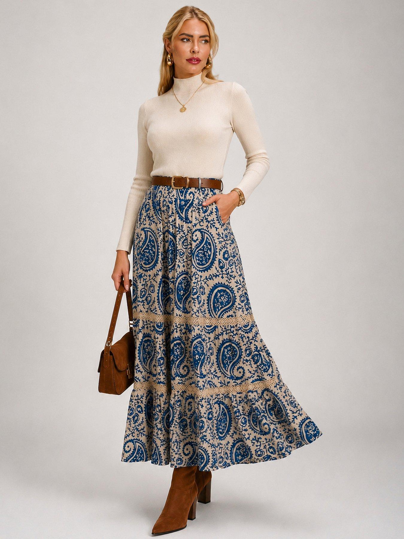 Image 6 of 7 of Jolie Moi Lace Trim Tiered Maxi Skirt - Blue
