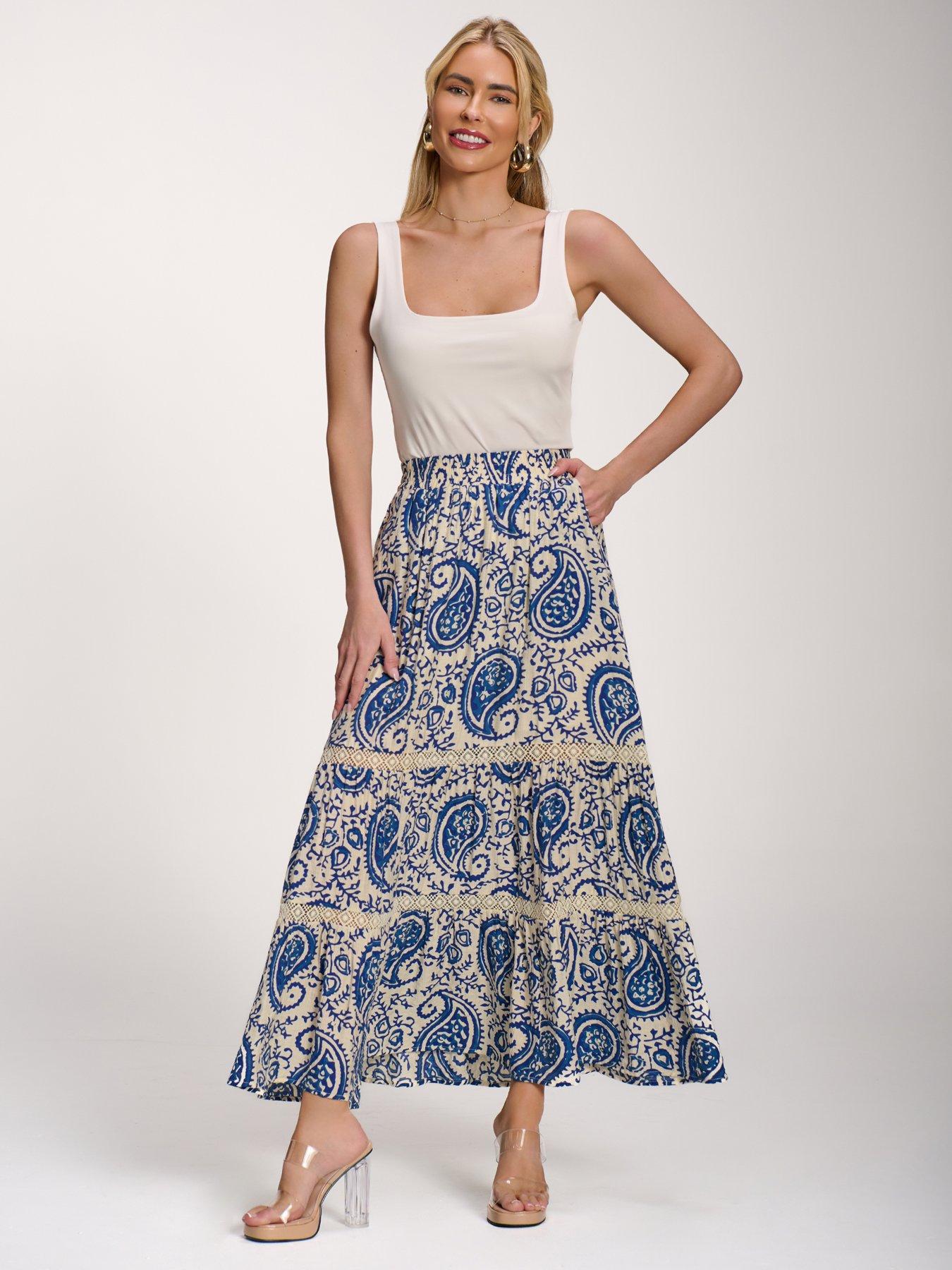 Image 7 of 7 of Jolie Moi Lace Trim Tiered Maxi Skirt - Blue