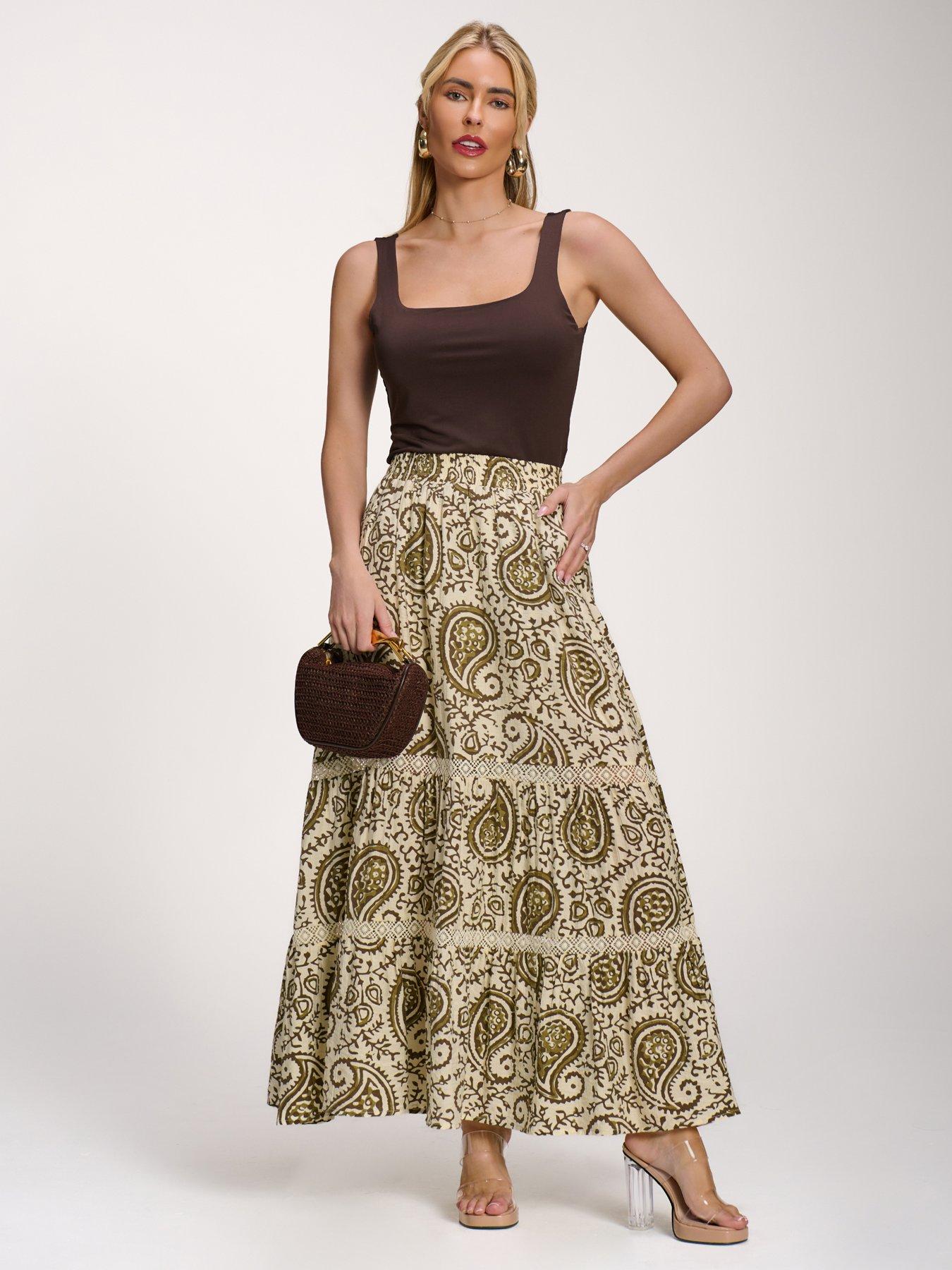 Jolie Moi Lace Trim Tiered Maxi Skirt - Green