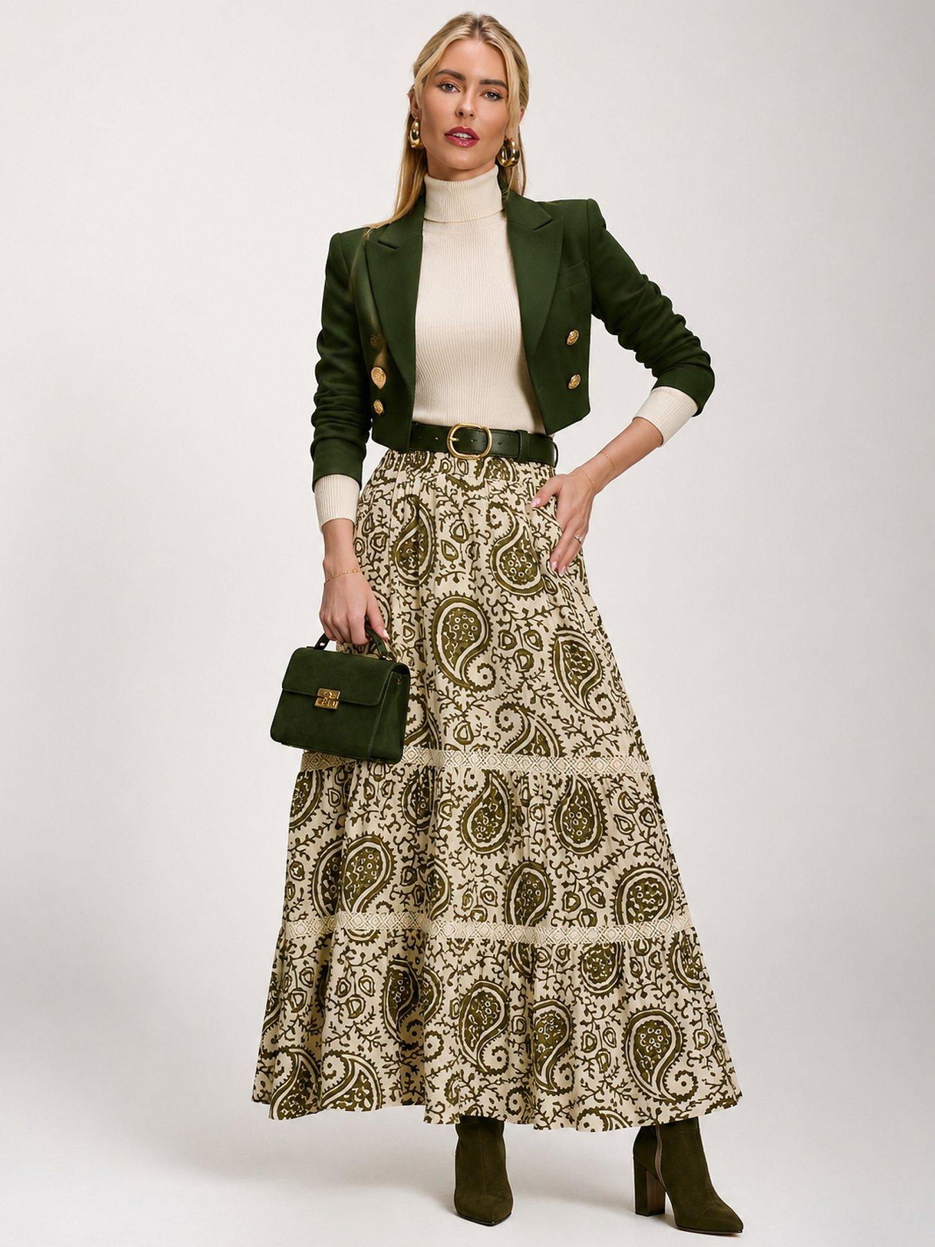 Jolie Moi Lace Trim Tiered Maxi Skirt - Green