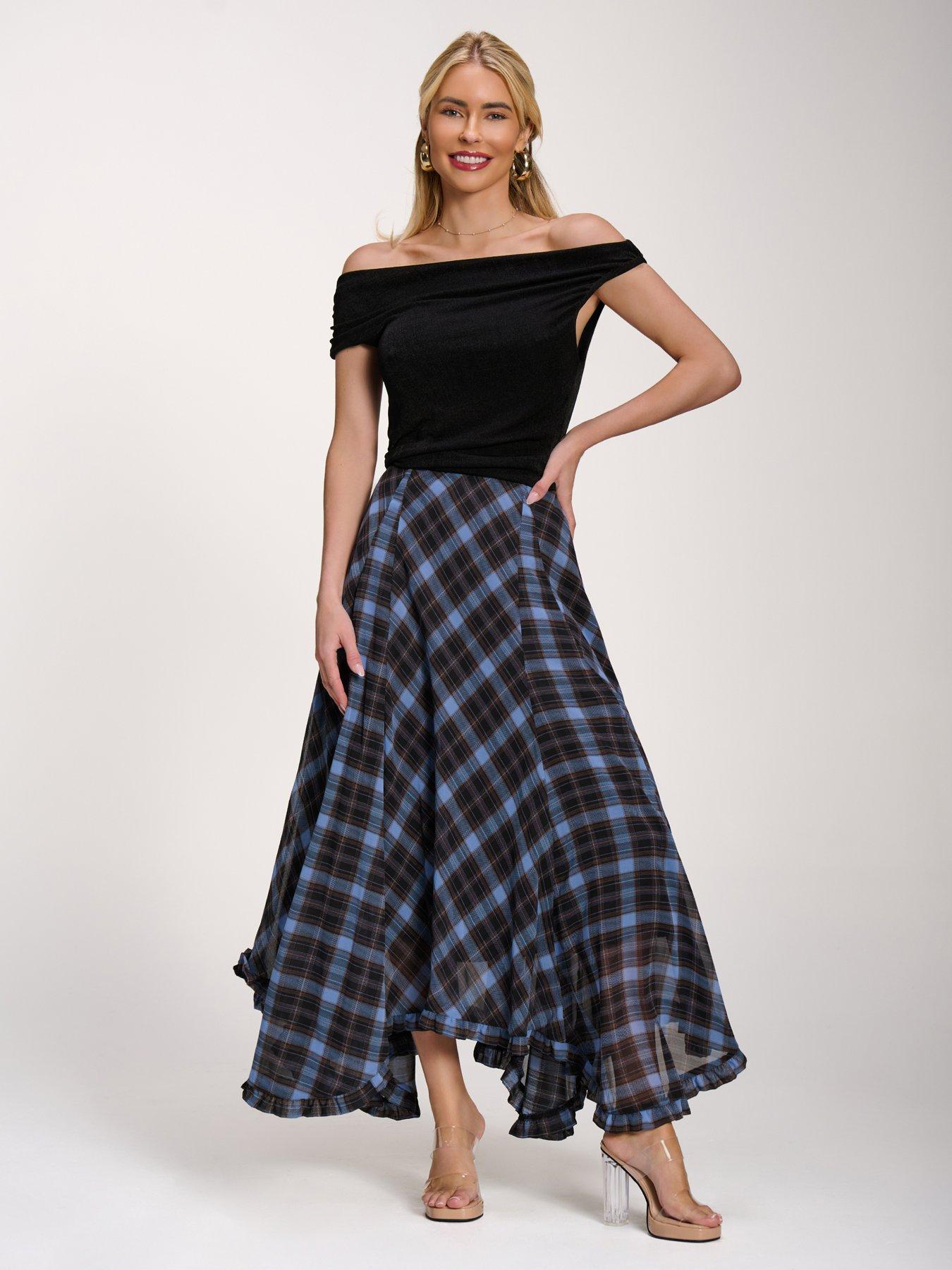 Jolie Moi Checked Chiffon Hanky Hem Maxi Skirt - Blue