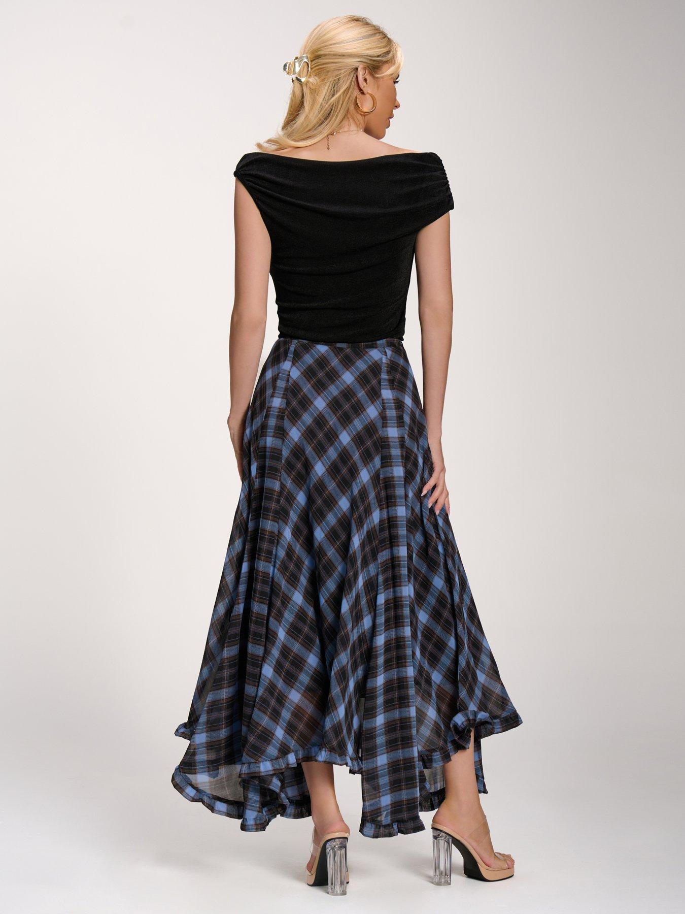 Image 2 of 7 of Jolie Moi Checked Chiffon Hanky Hem Maxi Skirt - Blue