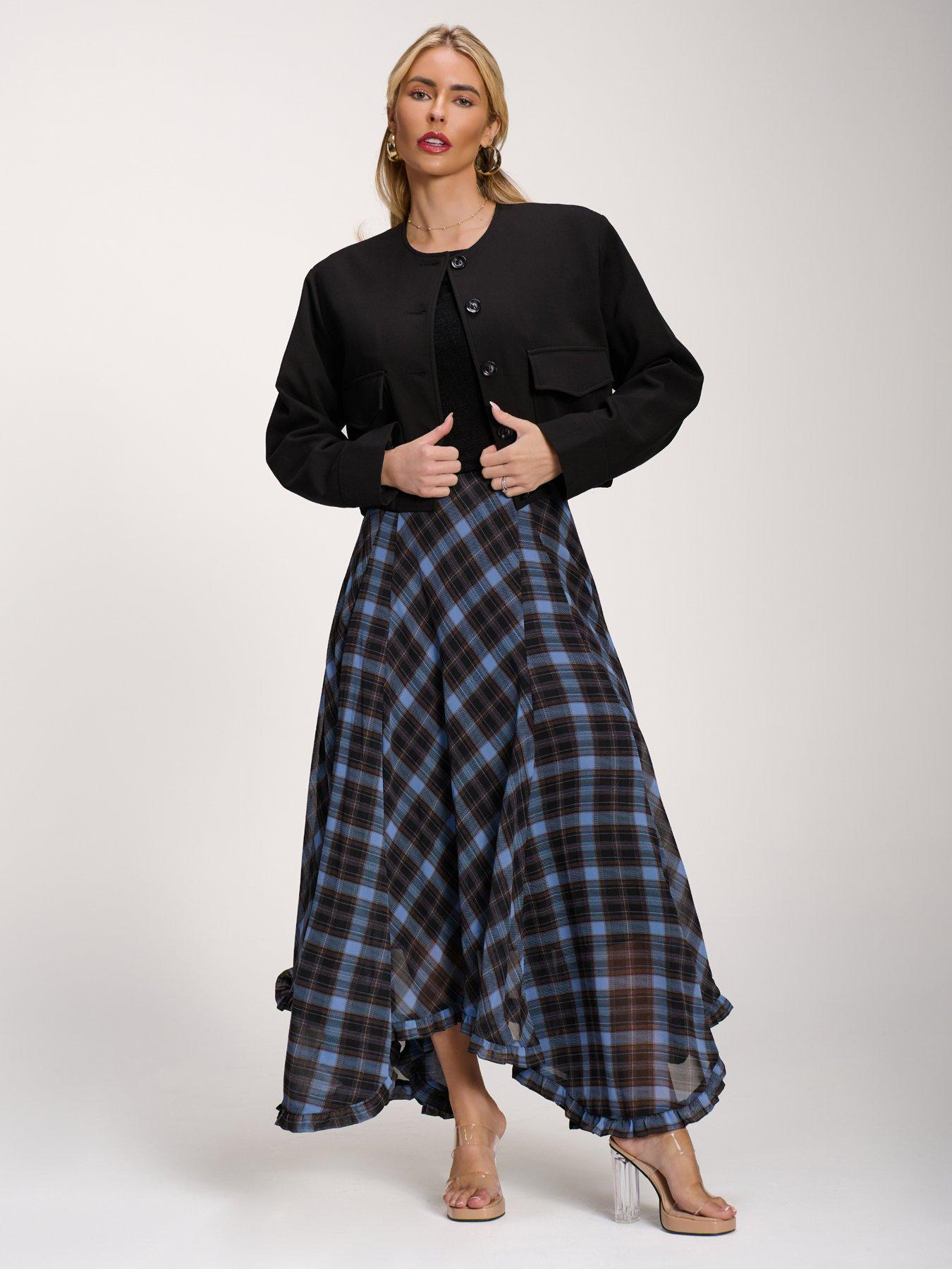 Image 3 of 7 of Jolie Moi Checked Chiffon Hanky Hem Maxi Skirt - Blue