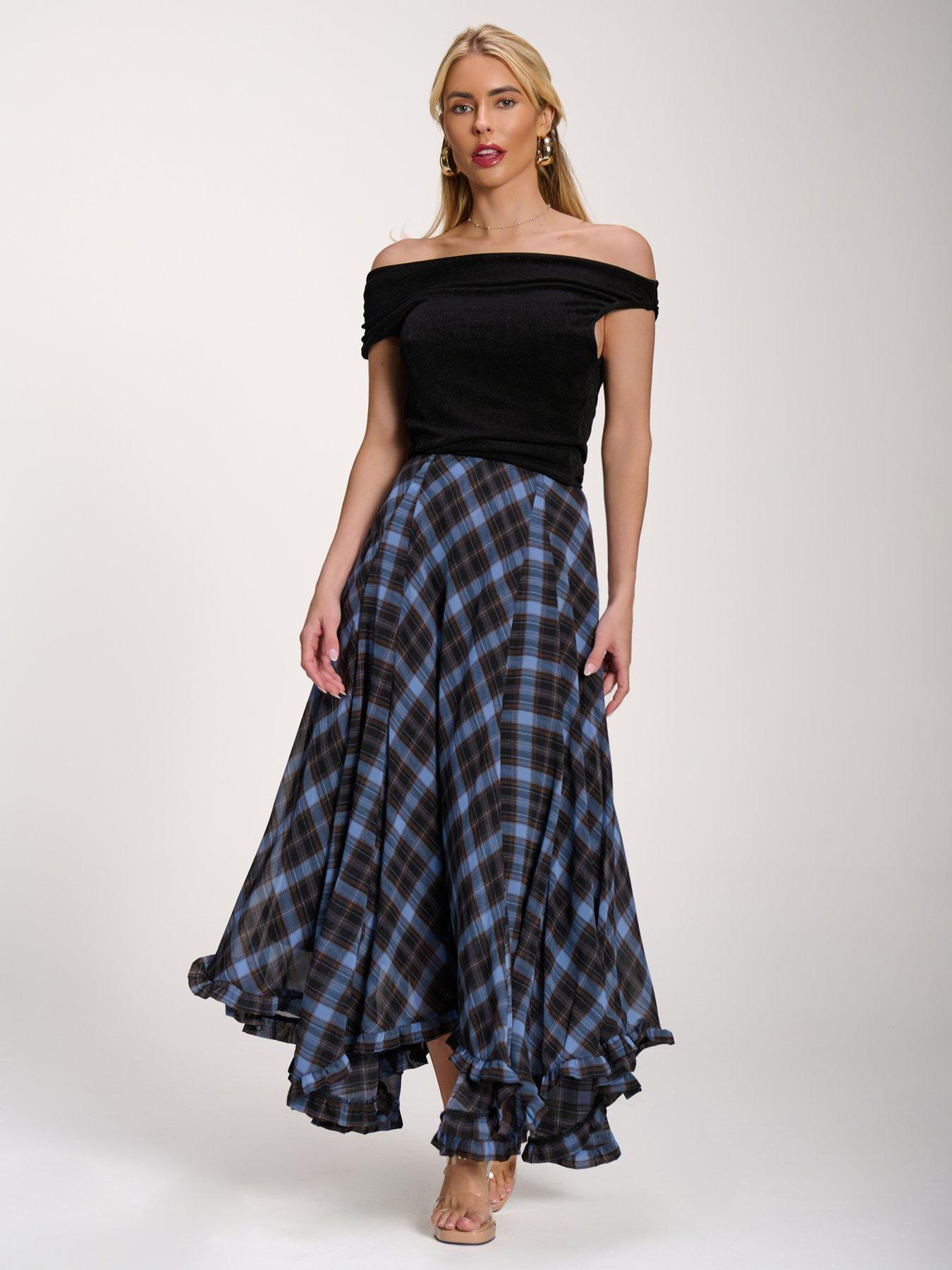 Image 5 of 7 of Jolie Moi Checked Chiffon Hanky Hem Maxi Skirt - Blue