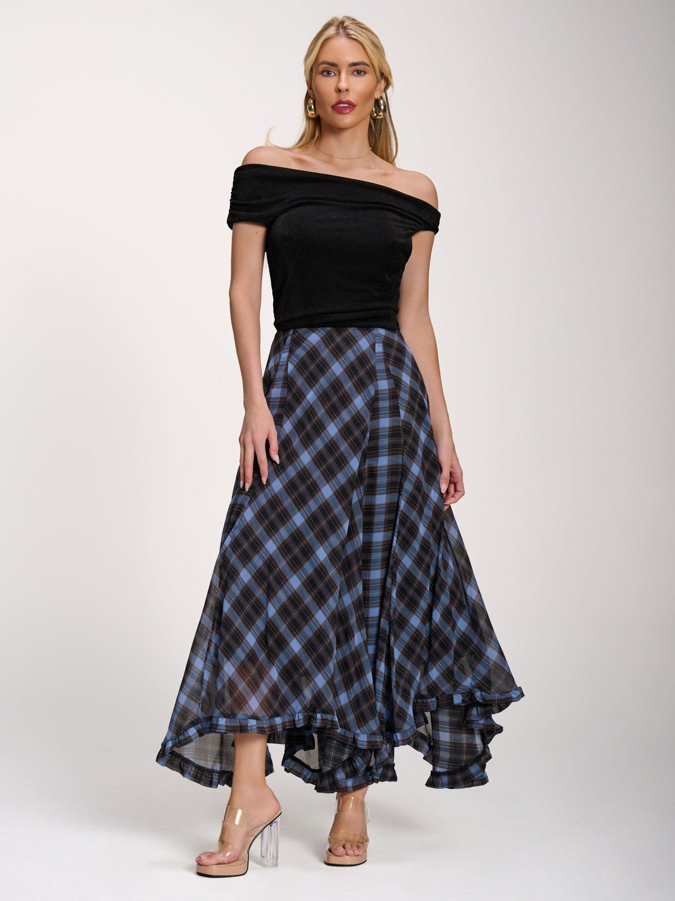 Image 6 of 7 of Jolie Moi Checked Chiffon Hanky Hem Maxi Skirt - Blue