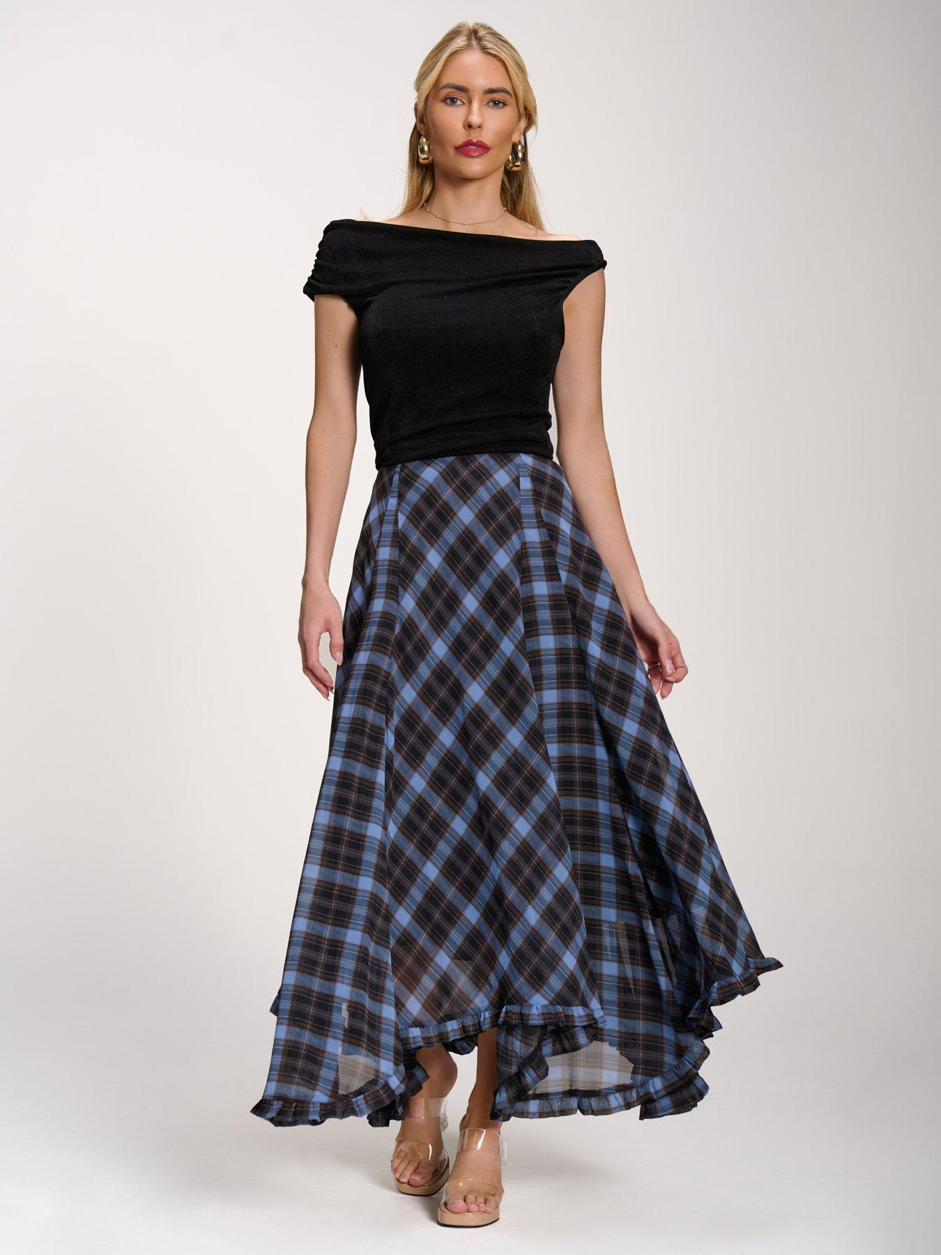Image 7 of 7 of Jolie Moi Checked Chiffon Hanky Hem Maxi Skirt - Blue