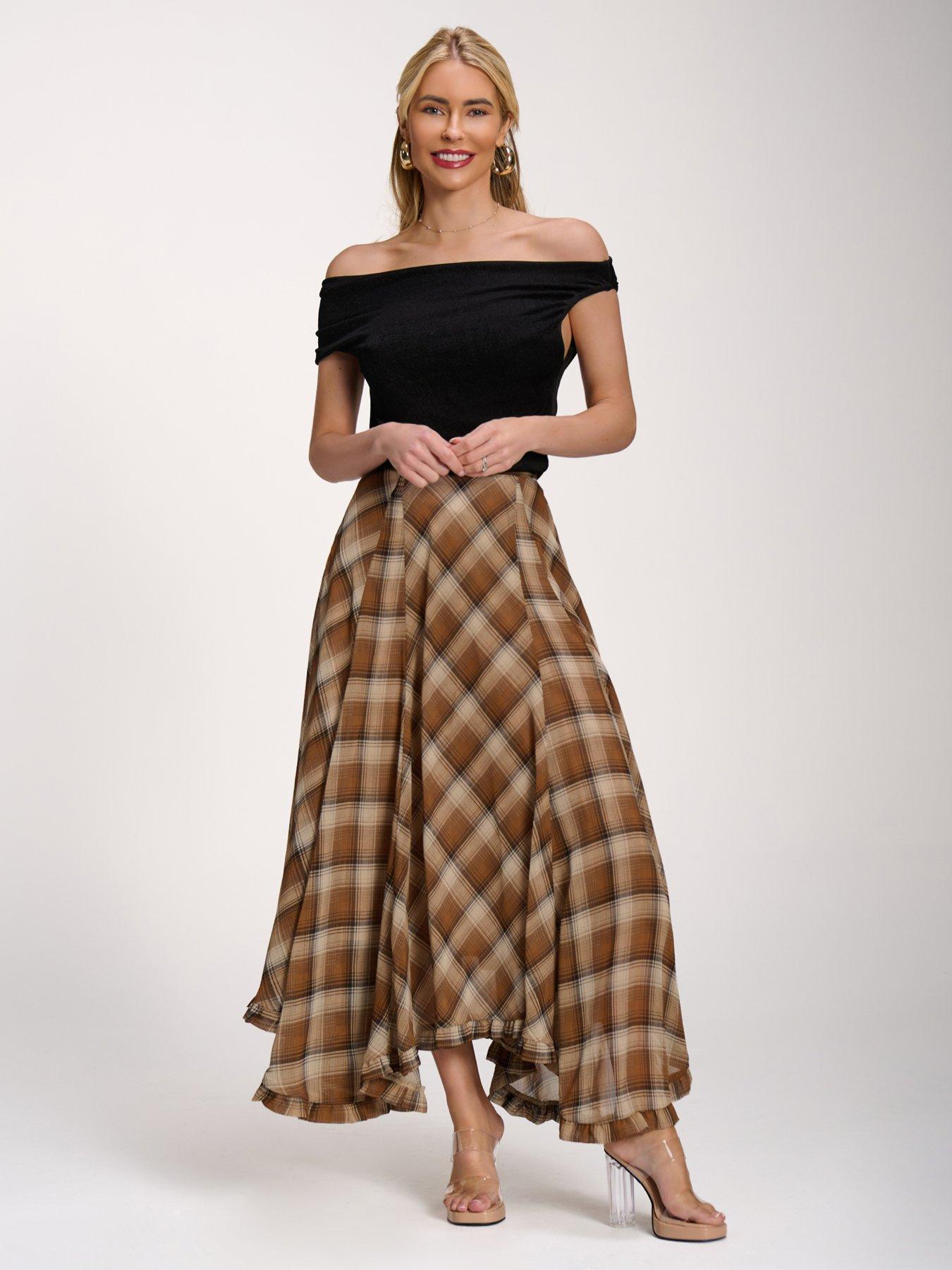 Jolie Moi Checked Chiffon Hanky Hem Maxi Skirt