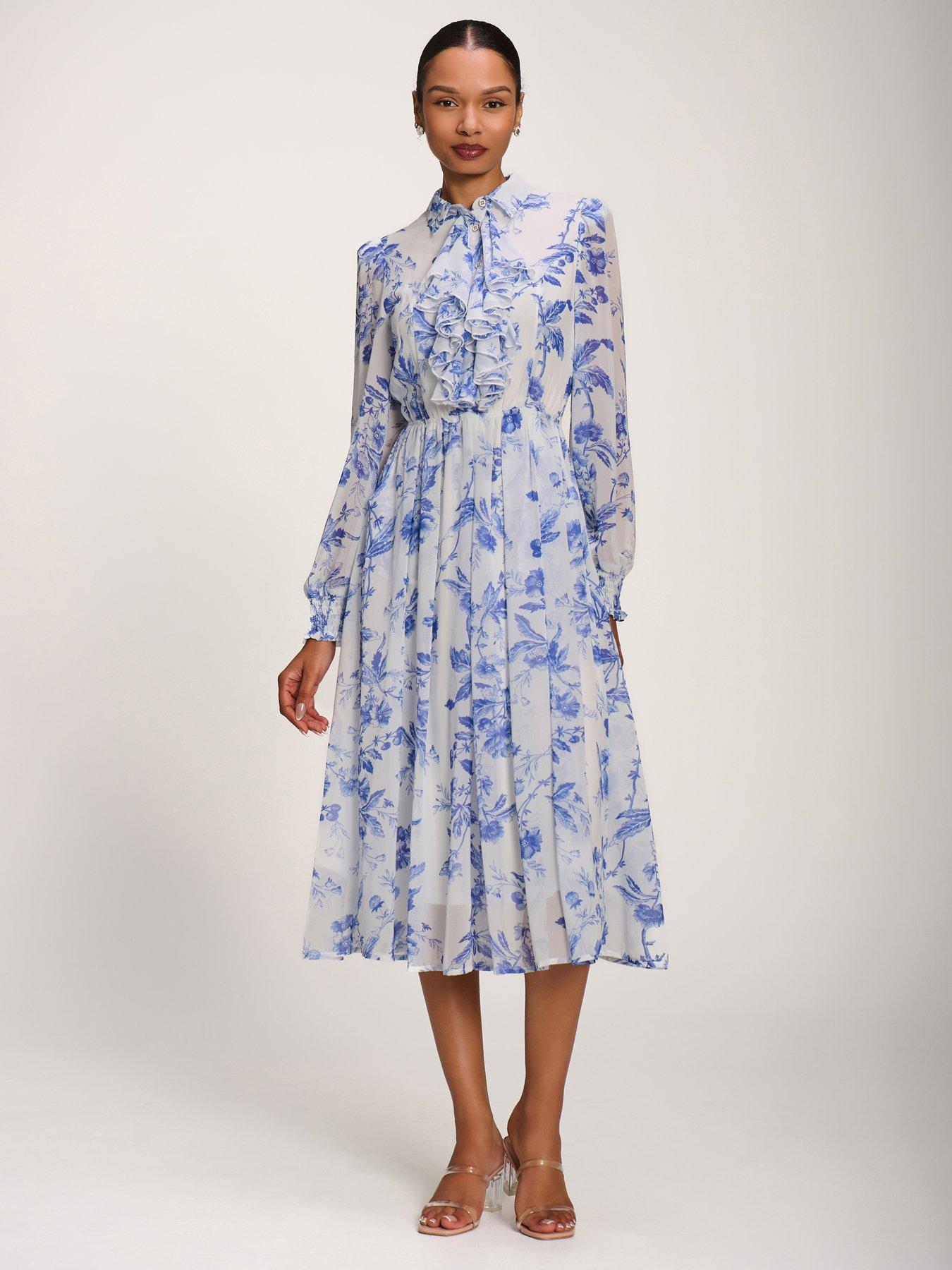 Jolie Moi Chiffon Print Ruffled Shirt Dress