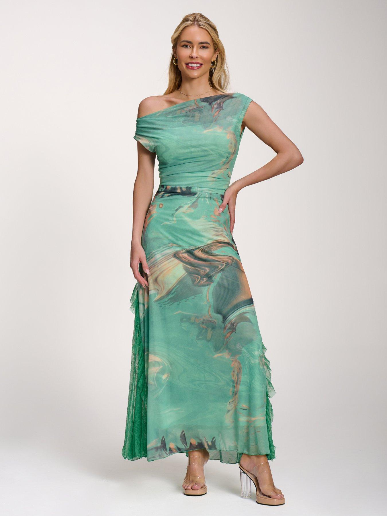 Jolie Moi Lace Insert Ruched Mesh Maxi Dress - Green