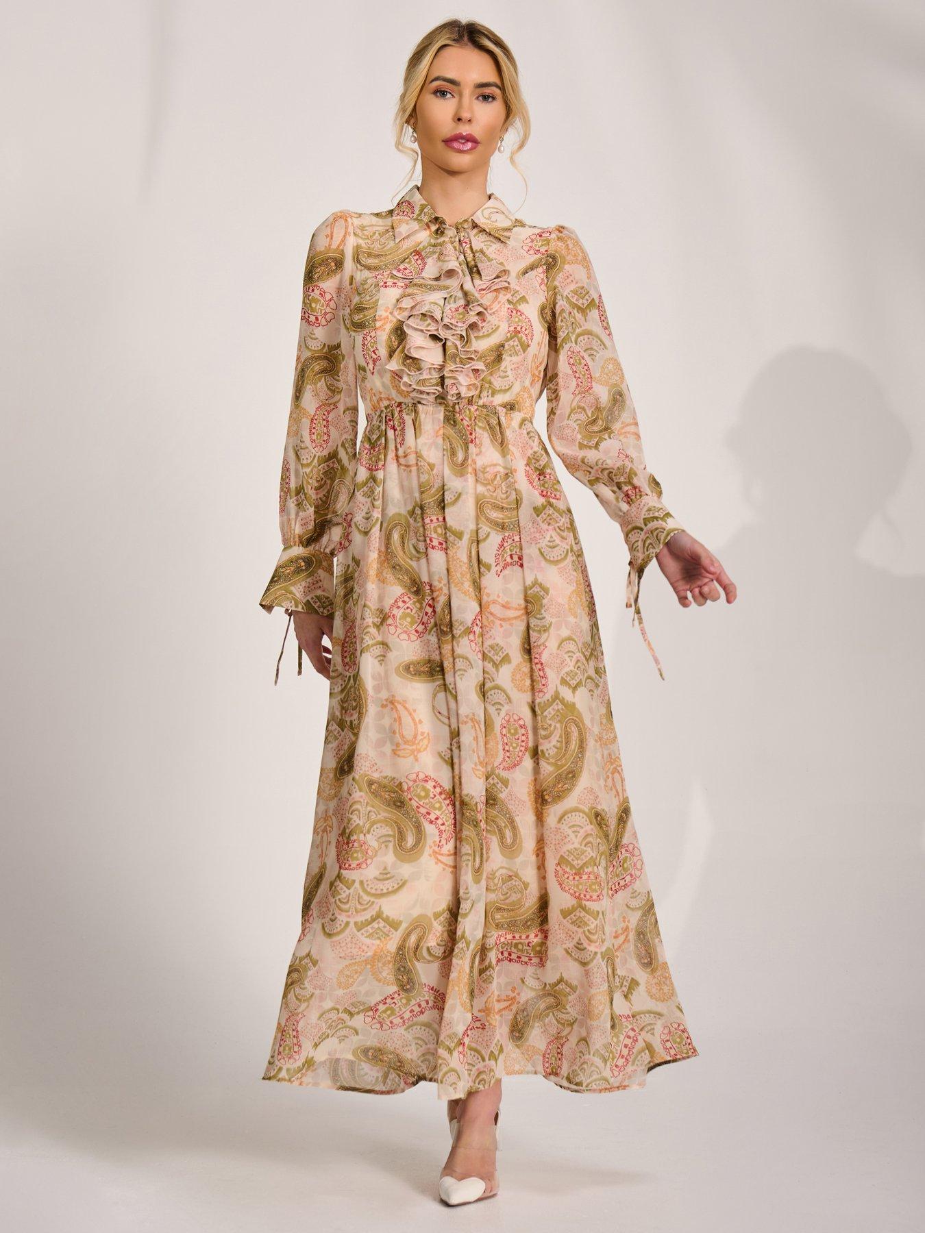 Jolie Moi Long Sleeve Ruffle Chiffon Shirt Maxi Dress - Beige