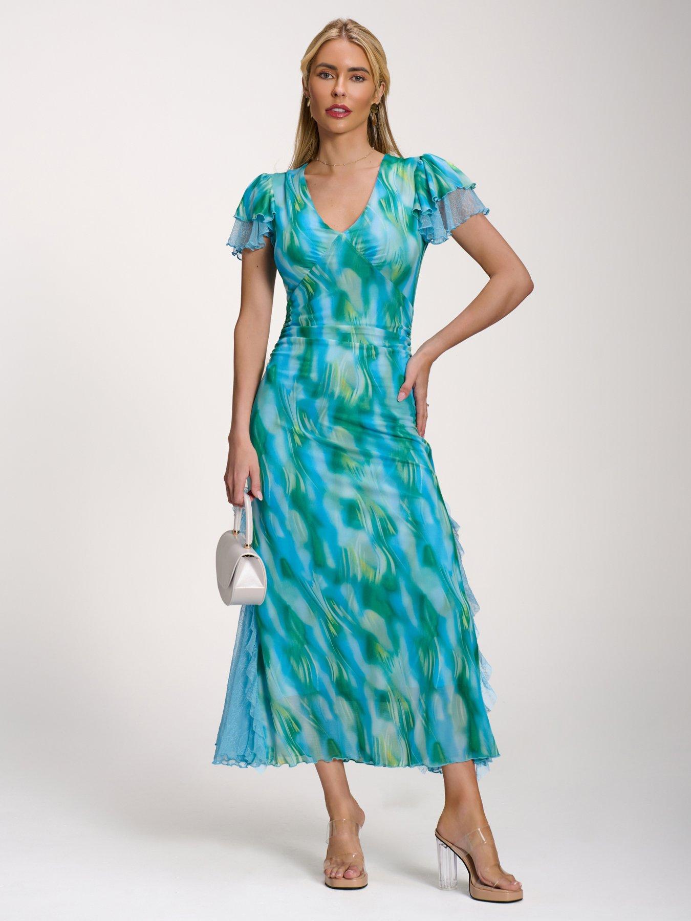 Jolie Moi Lace Insert Mesh Midi Dress - Blue