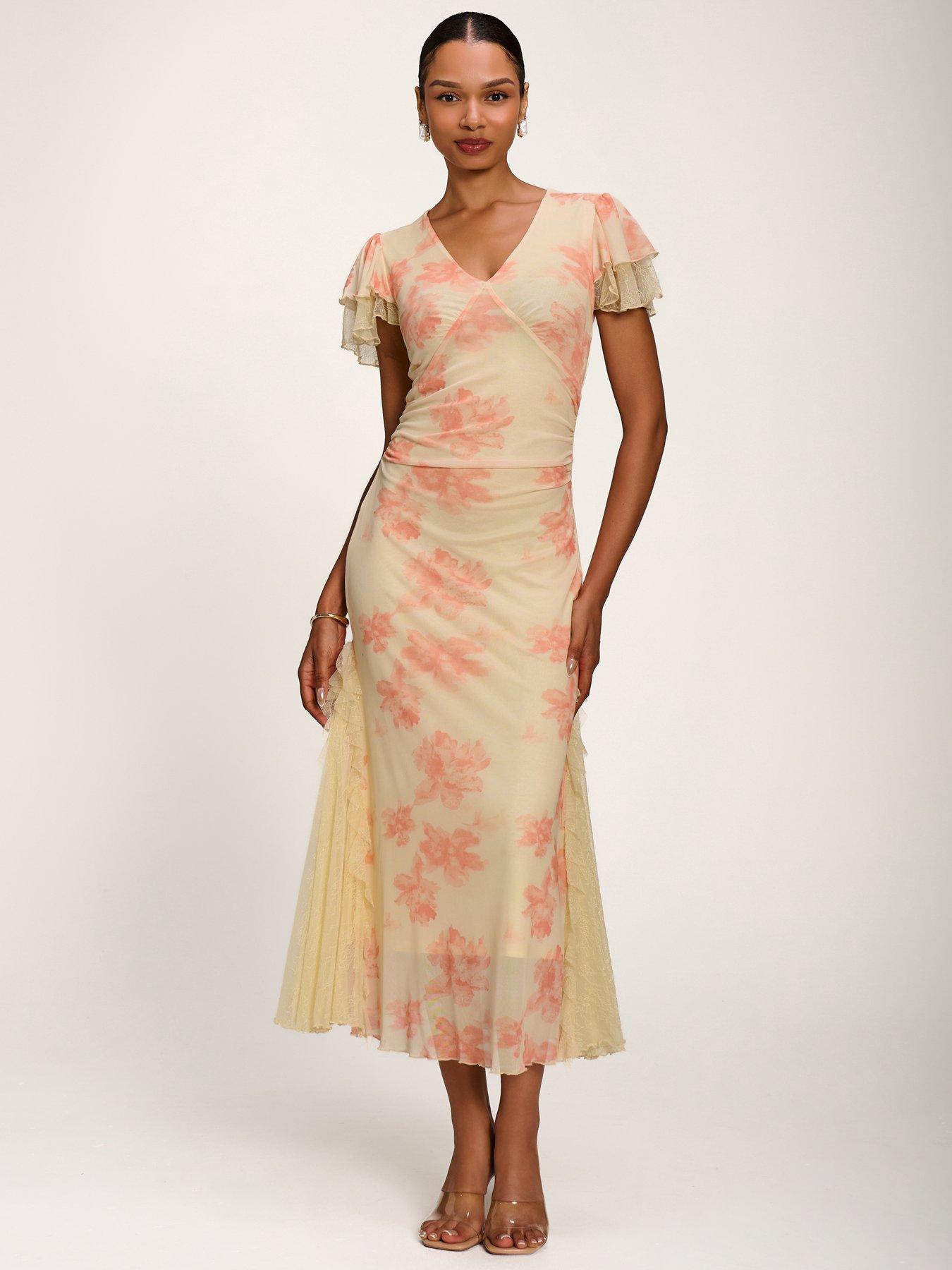 Image 1 of 7 of Jolie Moi Lace Insert Mesh Midi Dress - Orange
