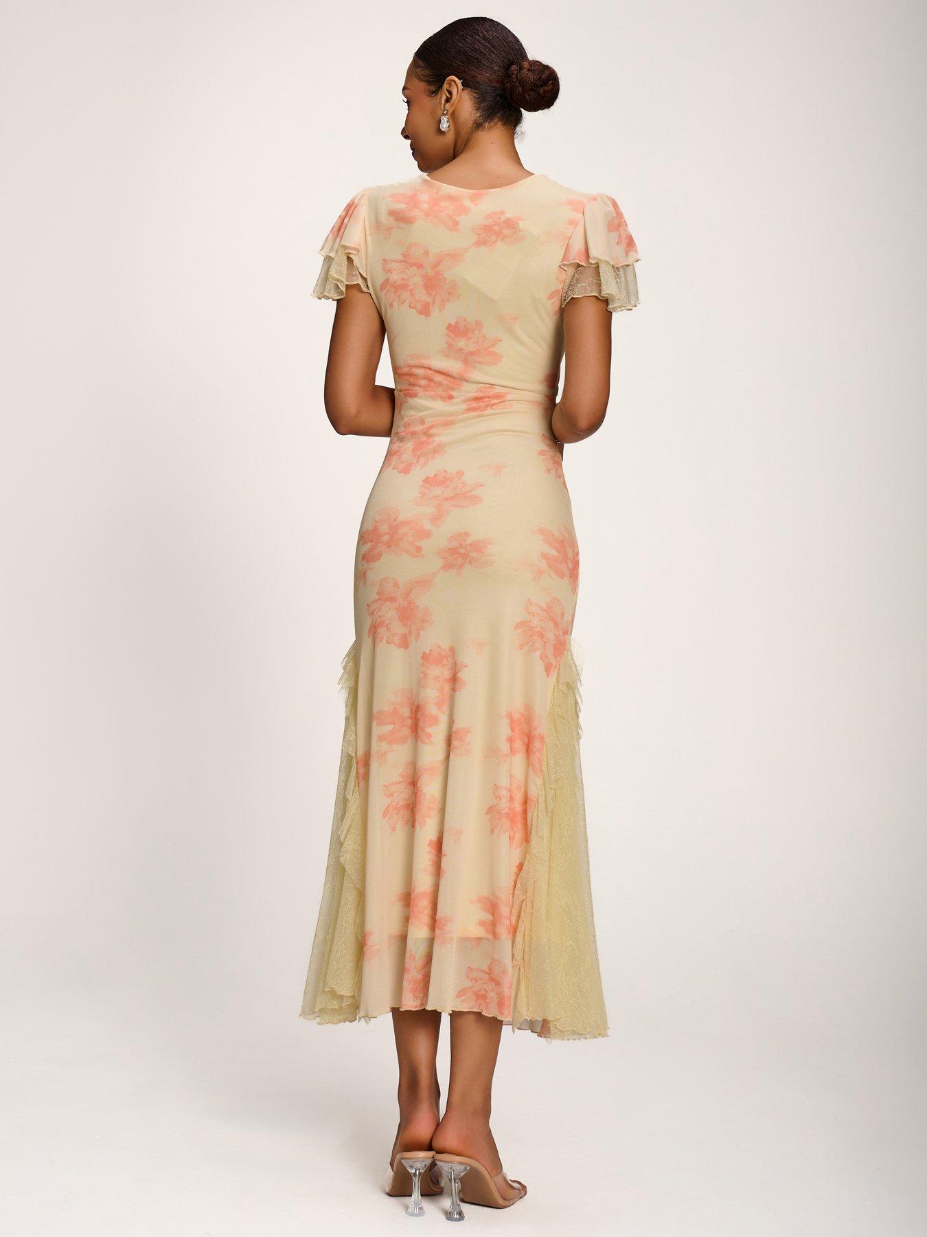 Image 2 of 7 of Jolie Moi Lace Insert Mesh Midi Dress - Orange