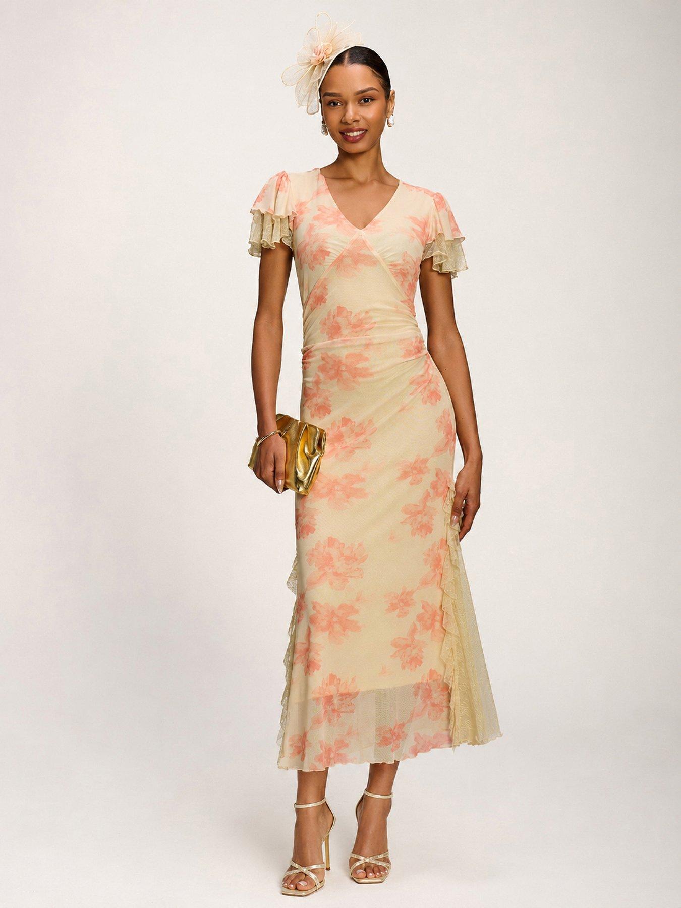 Image 3 of 7 of Jolie Moi Lace Insert Mesh Midi Dress - Orange