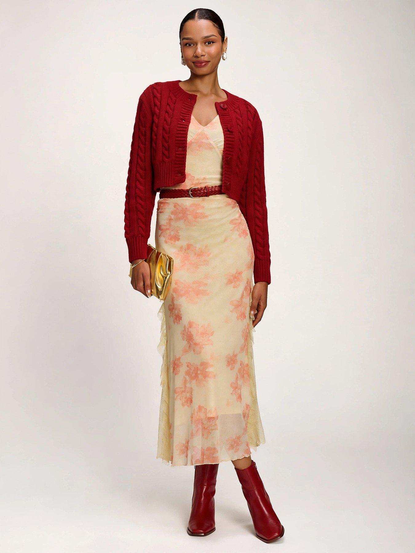 Image 5 of 7 of Jolie Moi Lace Insert Mesh Midi Dress - Orange