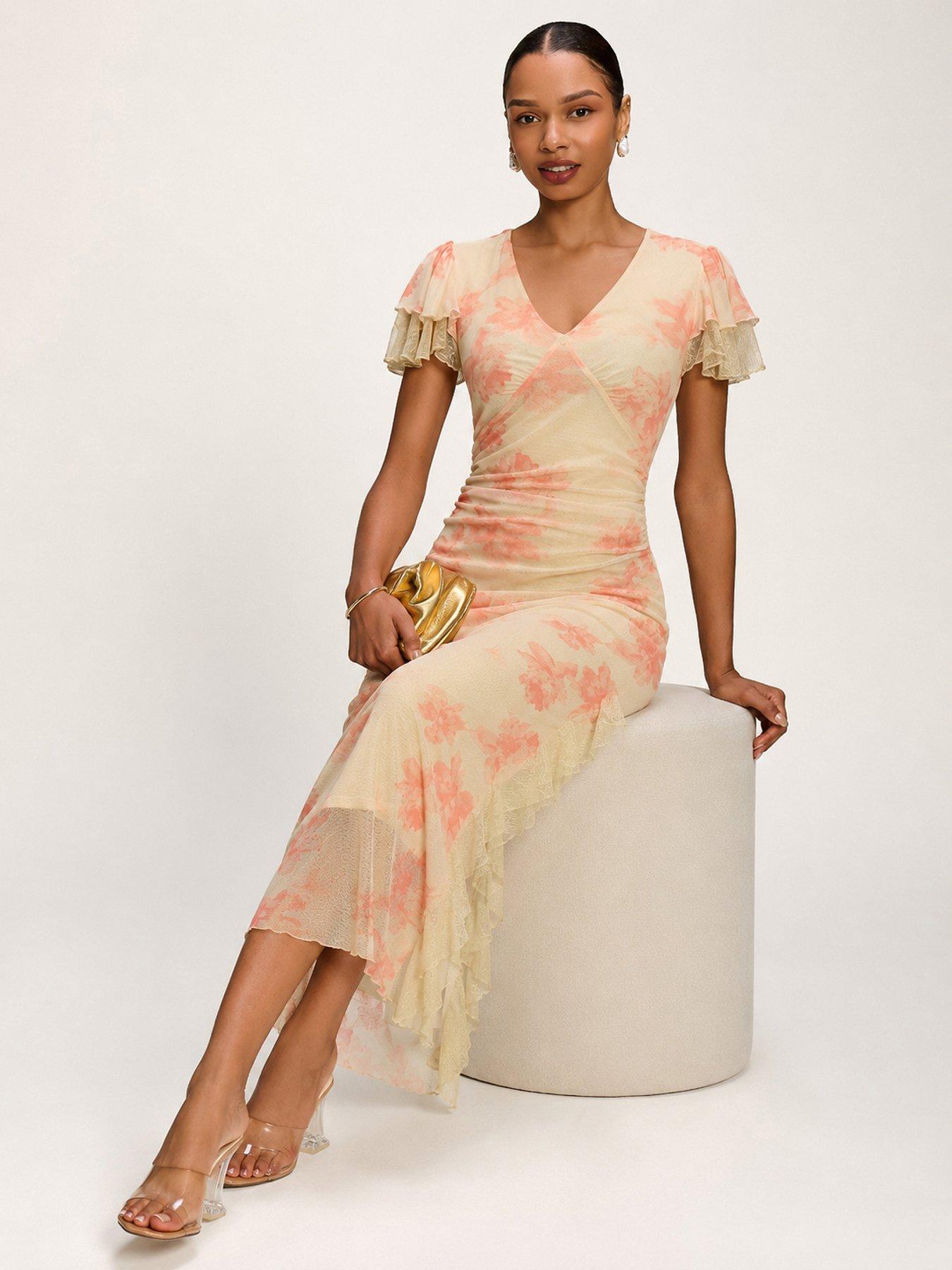 Image 6 of 7 of Jolie Moi Lace Insert Mesh Midi Dress - Orange