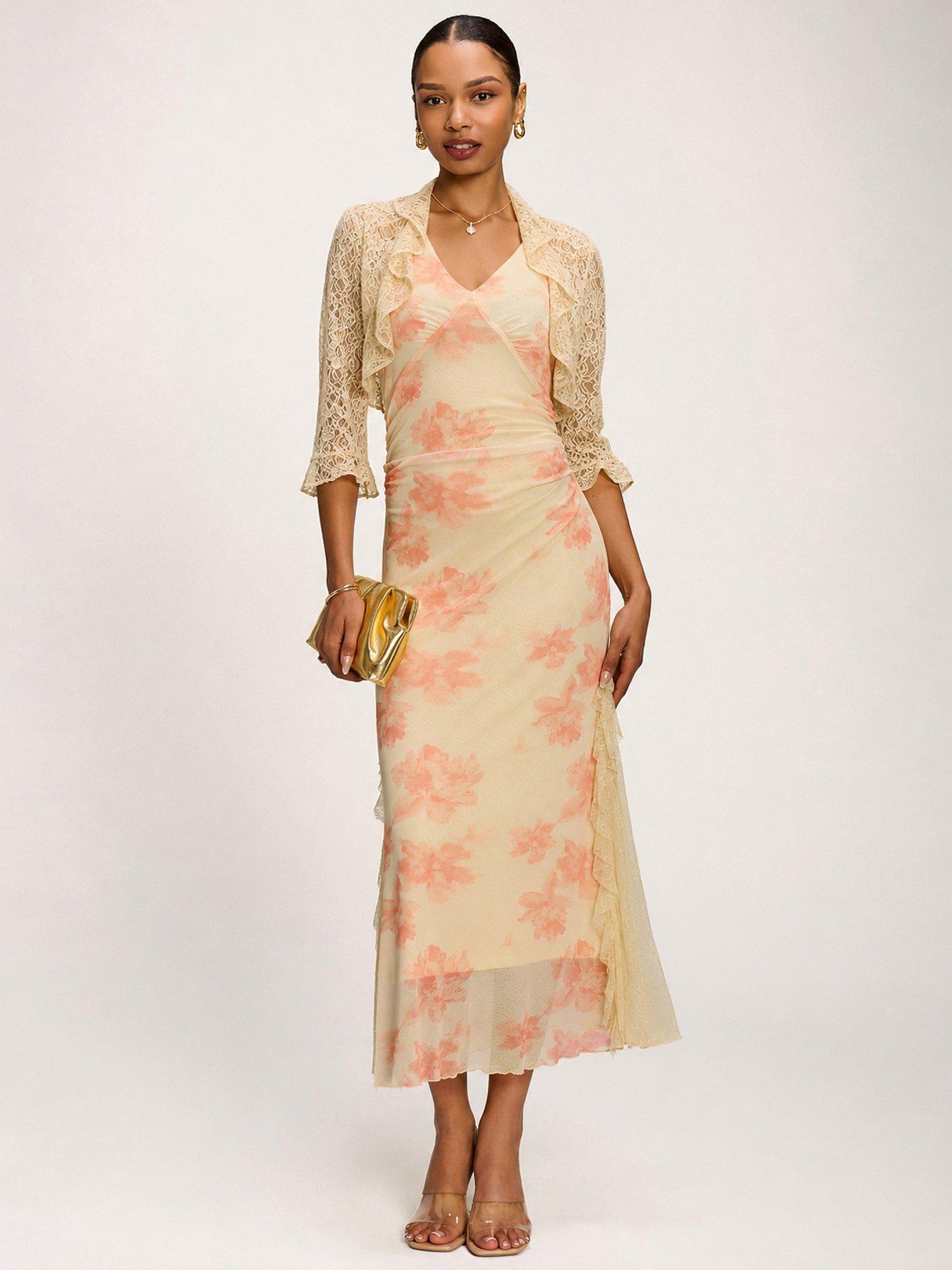 Image 7 of 7 of Jolie Moi Lace Insert Mesh Midi Dress - Orange