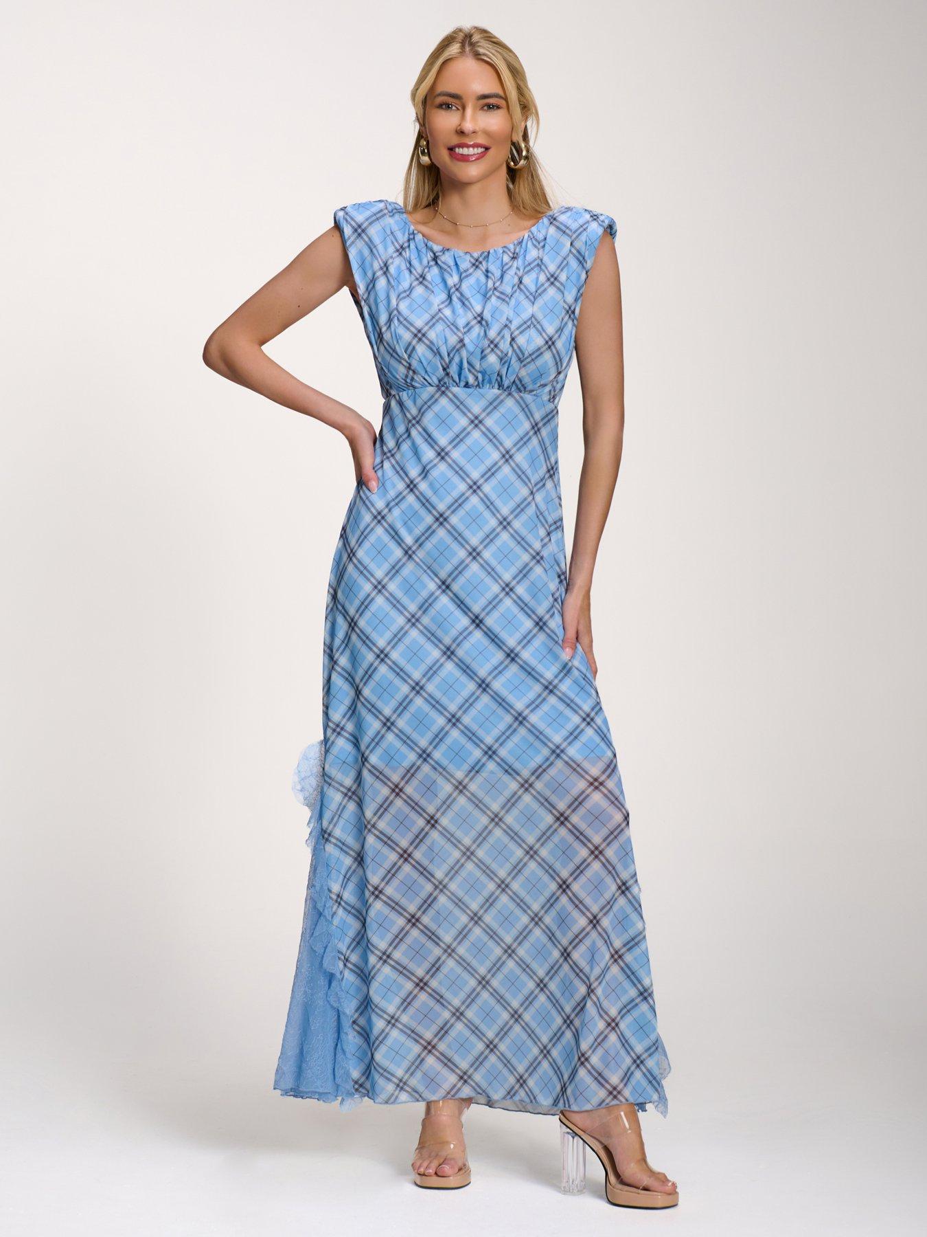 Jolie Moi Lace Insert Mesh Maxi Dress - Blue