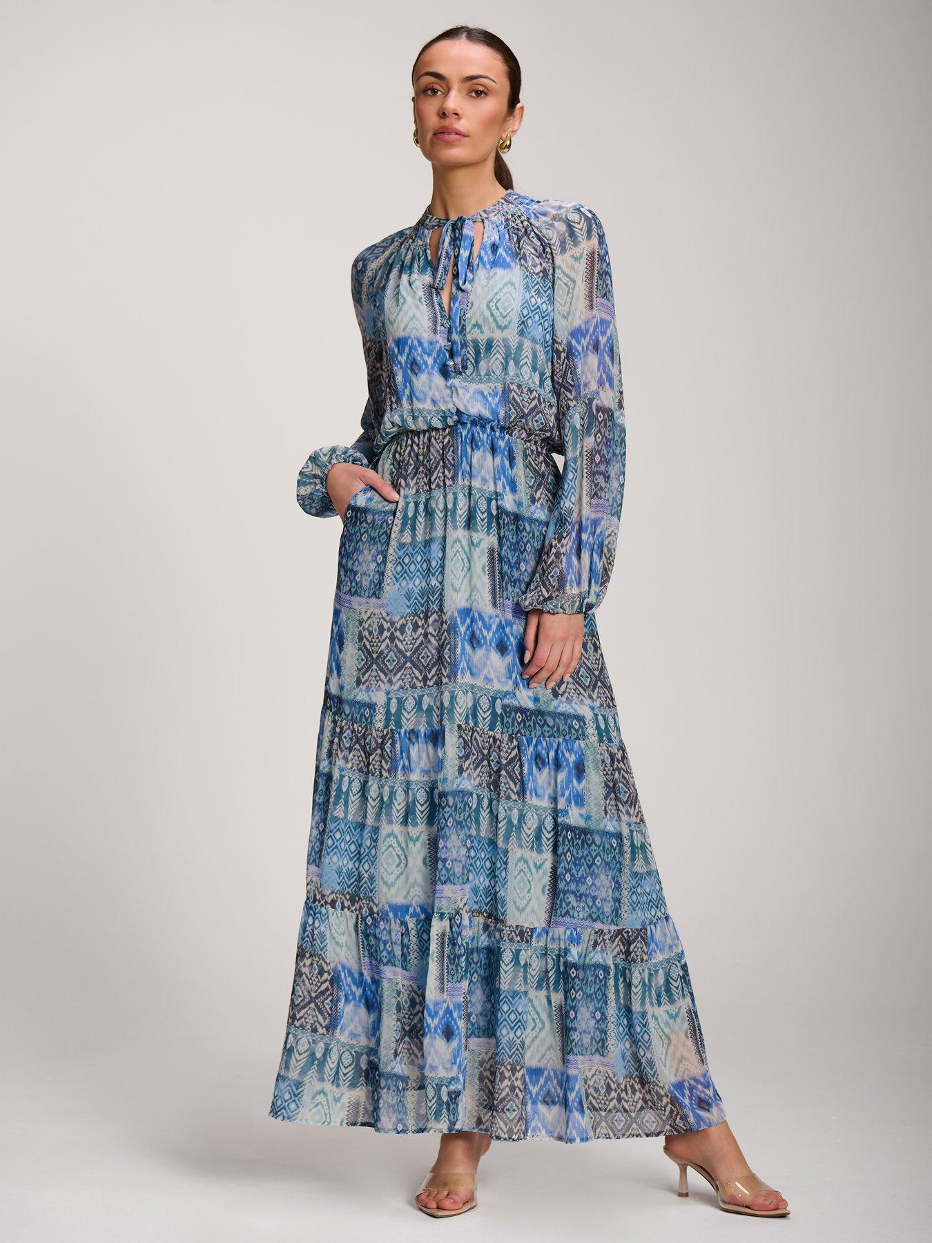 Image 1 of 7 of Jolie Moi Long Sleeve Chiffon Tiered Maxi Dress - Blue