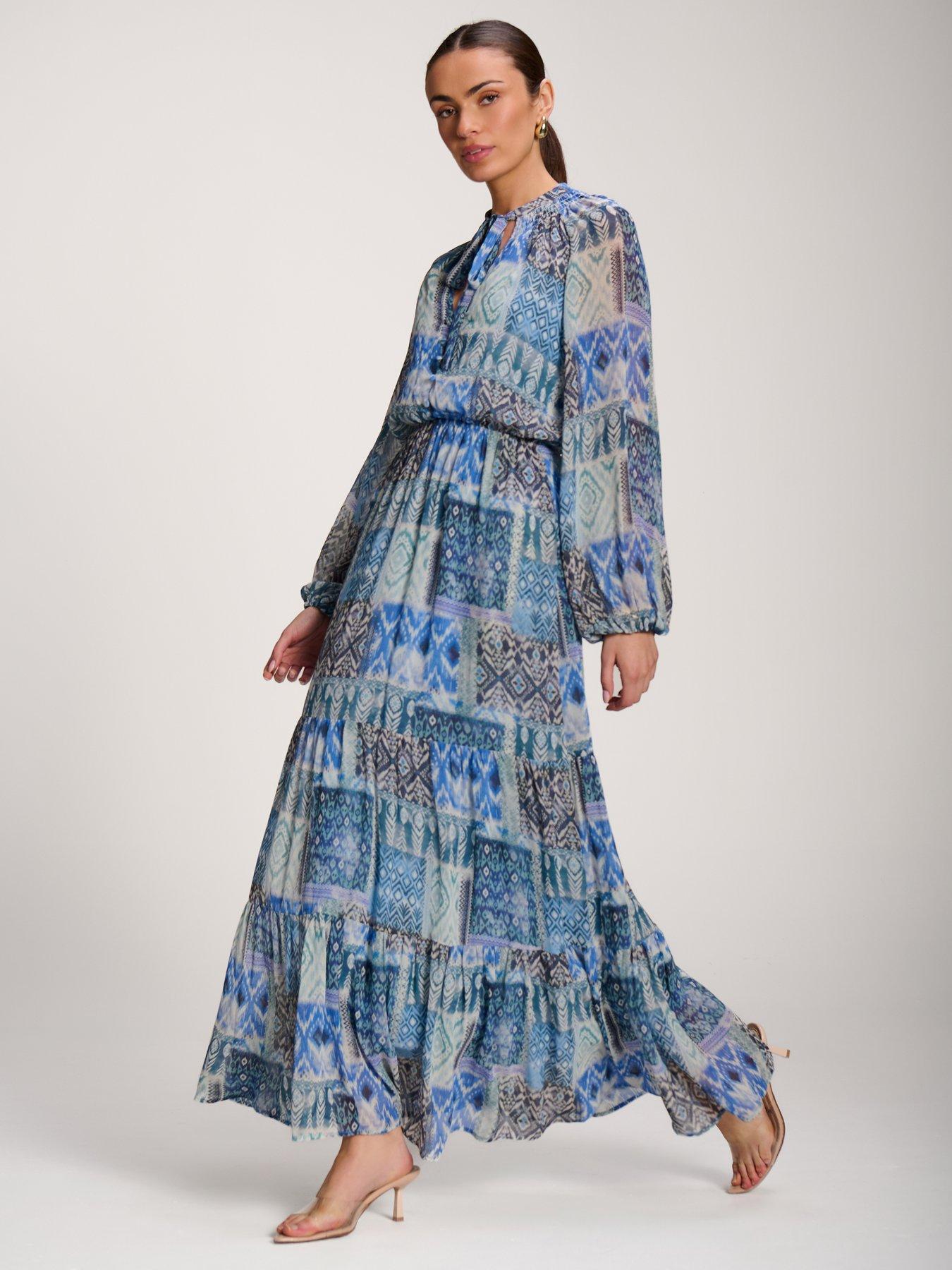 Image 3 of 7 of Jolie Moi Long Sleeve Chiffon Tiered Maxi Dress - Blue