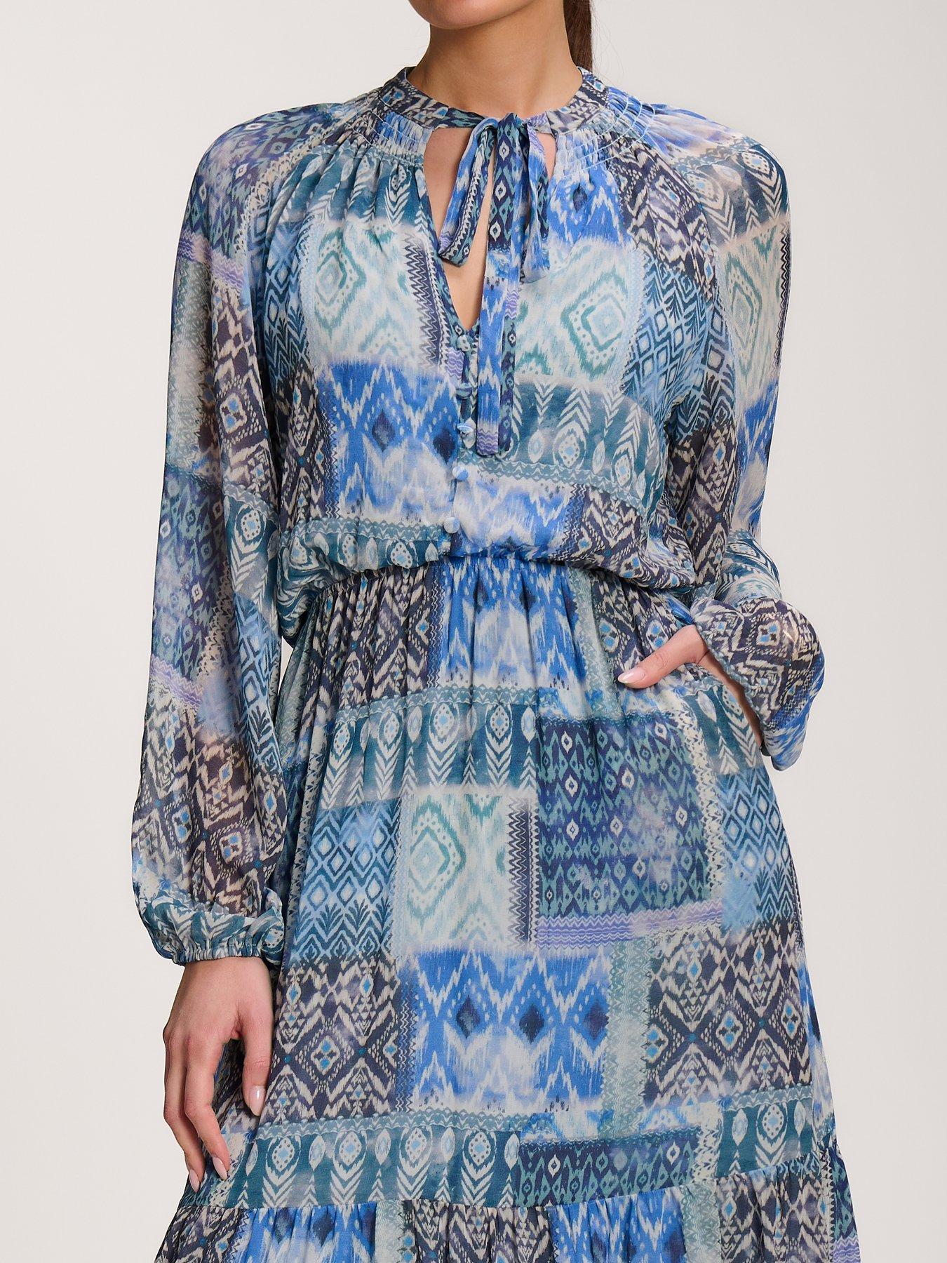 Image 4 of 7 of Jolie Moi Long Sleeve Chiffon Tiered Maxi Dress - Blue