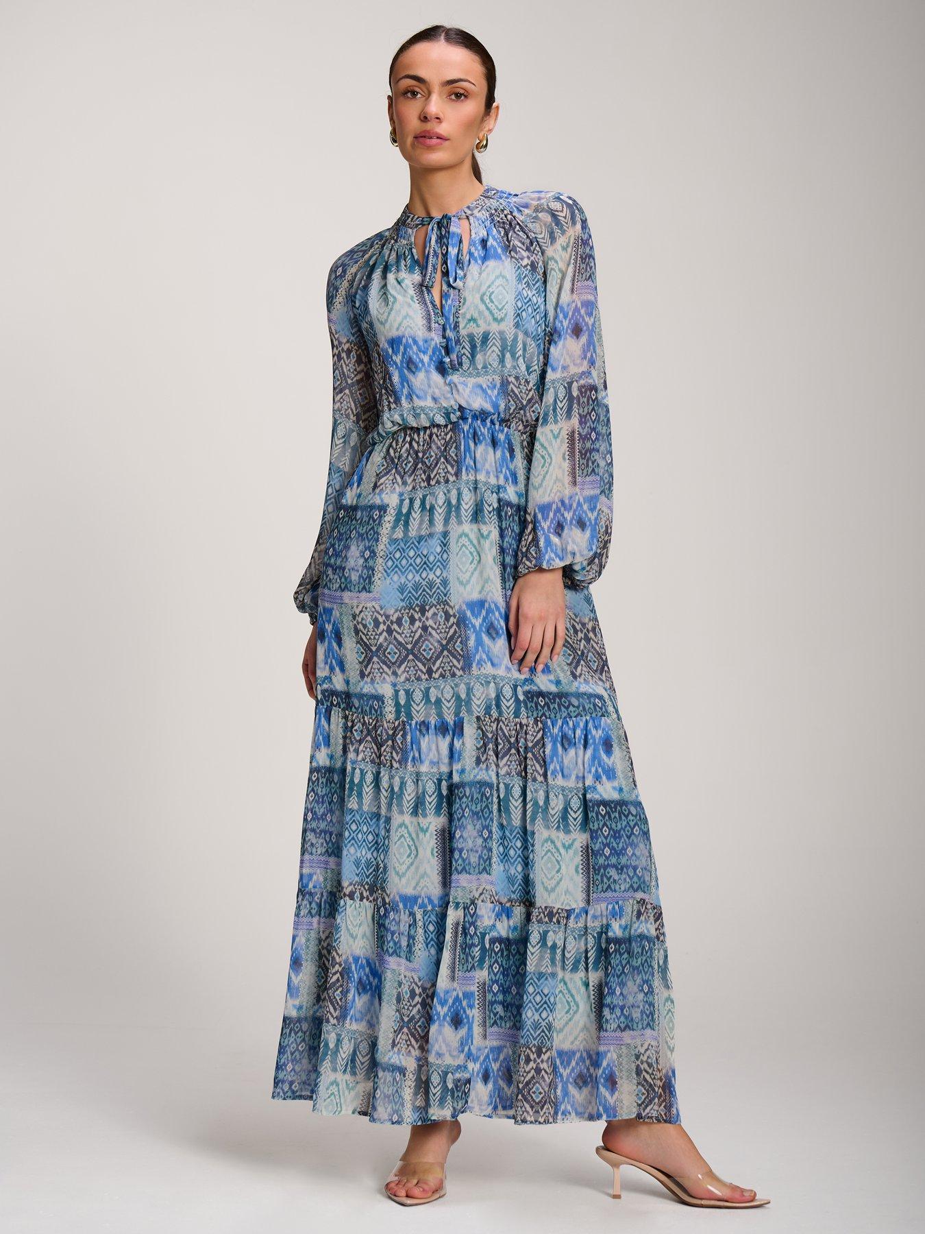 Image 5 of 7 of Jolie Moi Long Sleeve Chiffon Tiered Maxi Dress - Blue