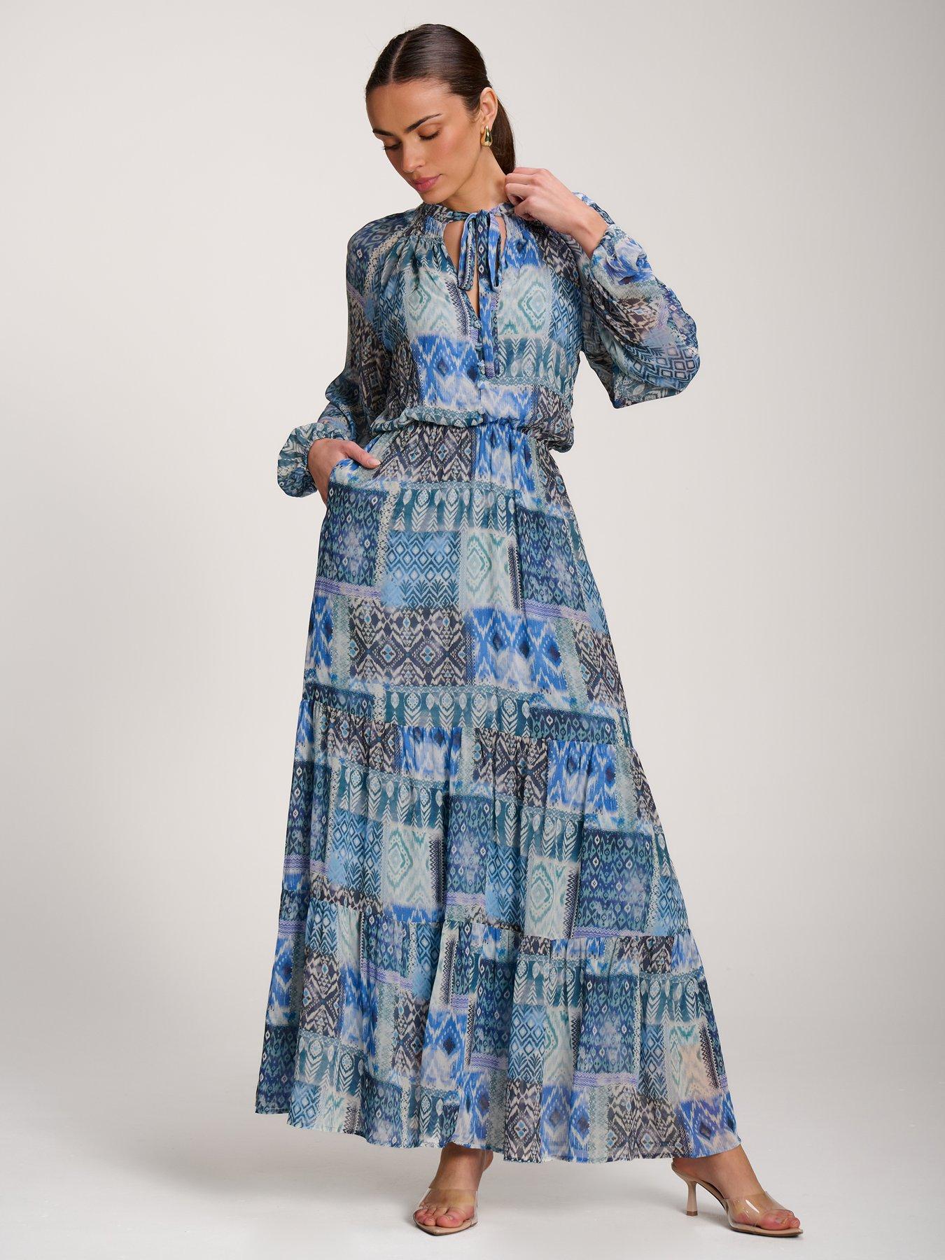 Image 6 of 7 of Jolie Moi Long Sleeve Chiffon Tiered Maxi Dress - Blue