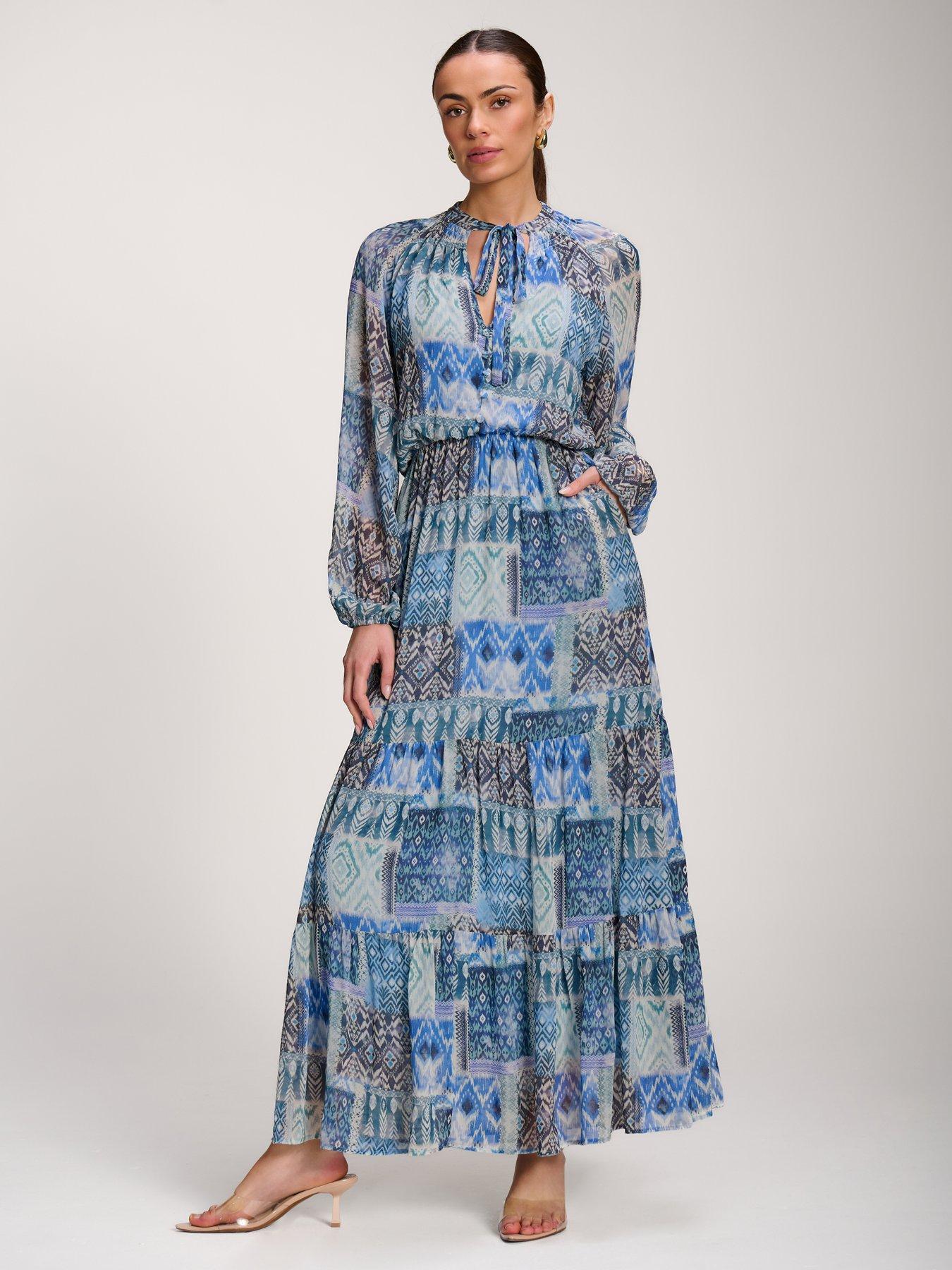 Image 7 of 7 of Jolie Moi Long Sleeve Chiffon Tiered Maxi Dress - Blue