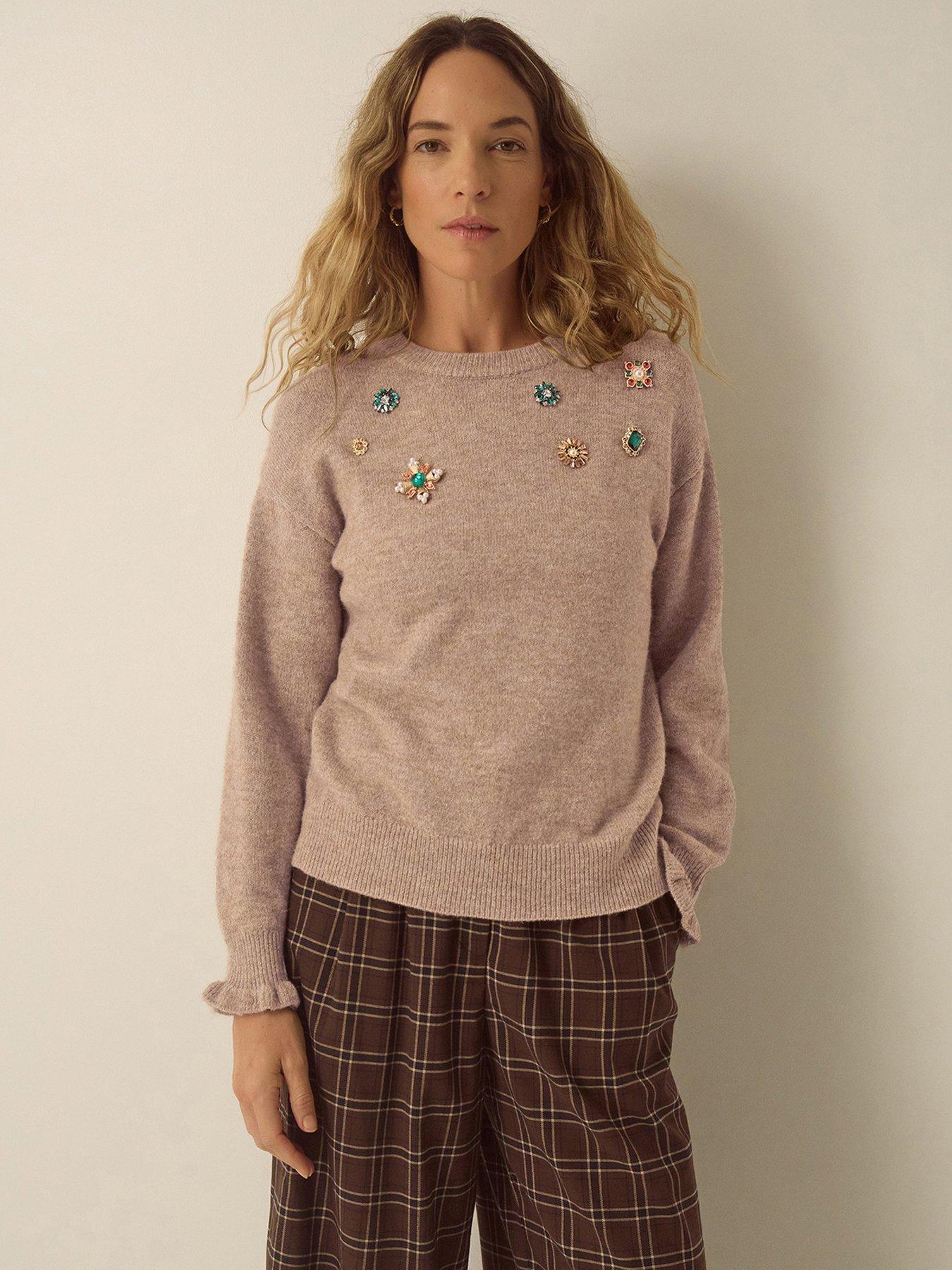 Image 1 of 4 of Monsoon Womens Britt Jewel Brooch Soft-Touch Crew Jumper - Brown