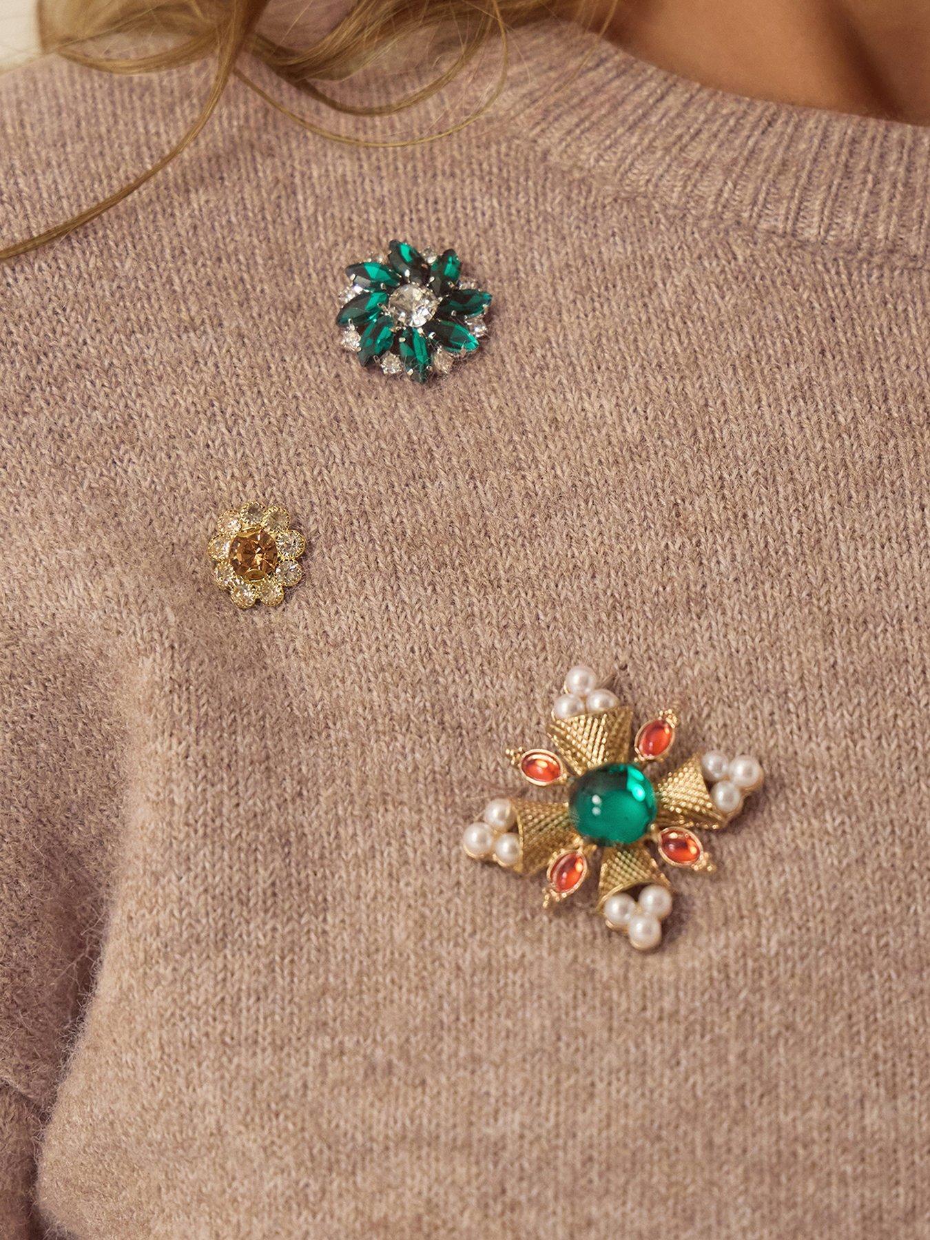 Image 2 of 4 of Monsoon Womens Britt Jewel Brooch Soft-Touch Crew Jumper - Brown